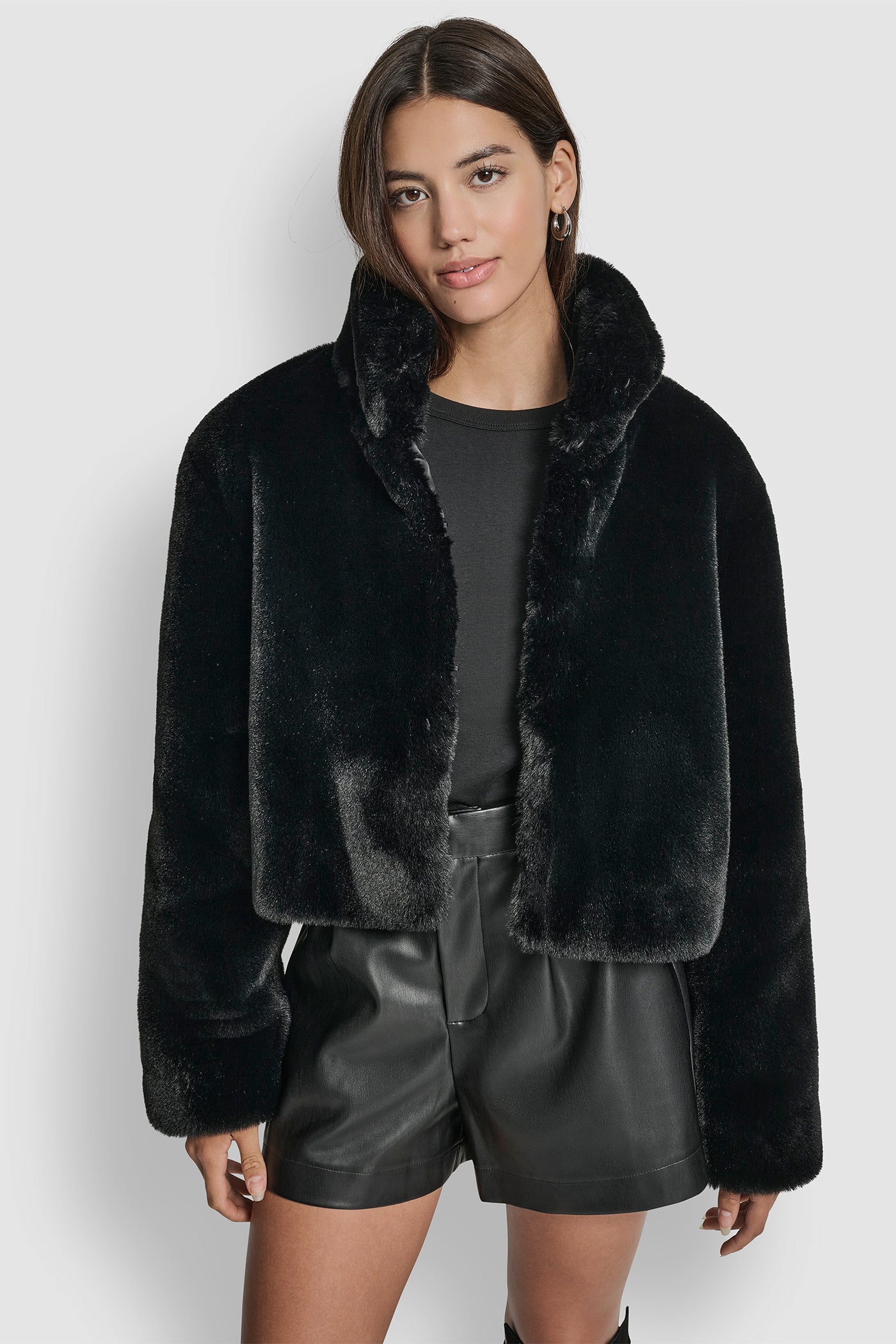 Black CROPPED FAUX FUR JACKET, FRONT VIEW | DKNY Promo