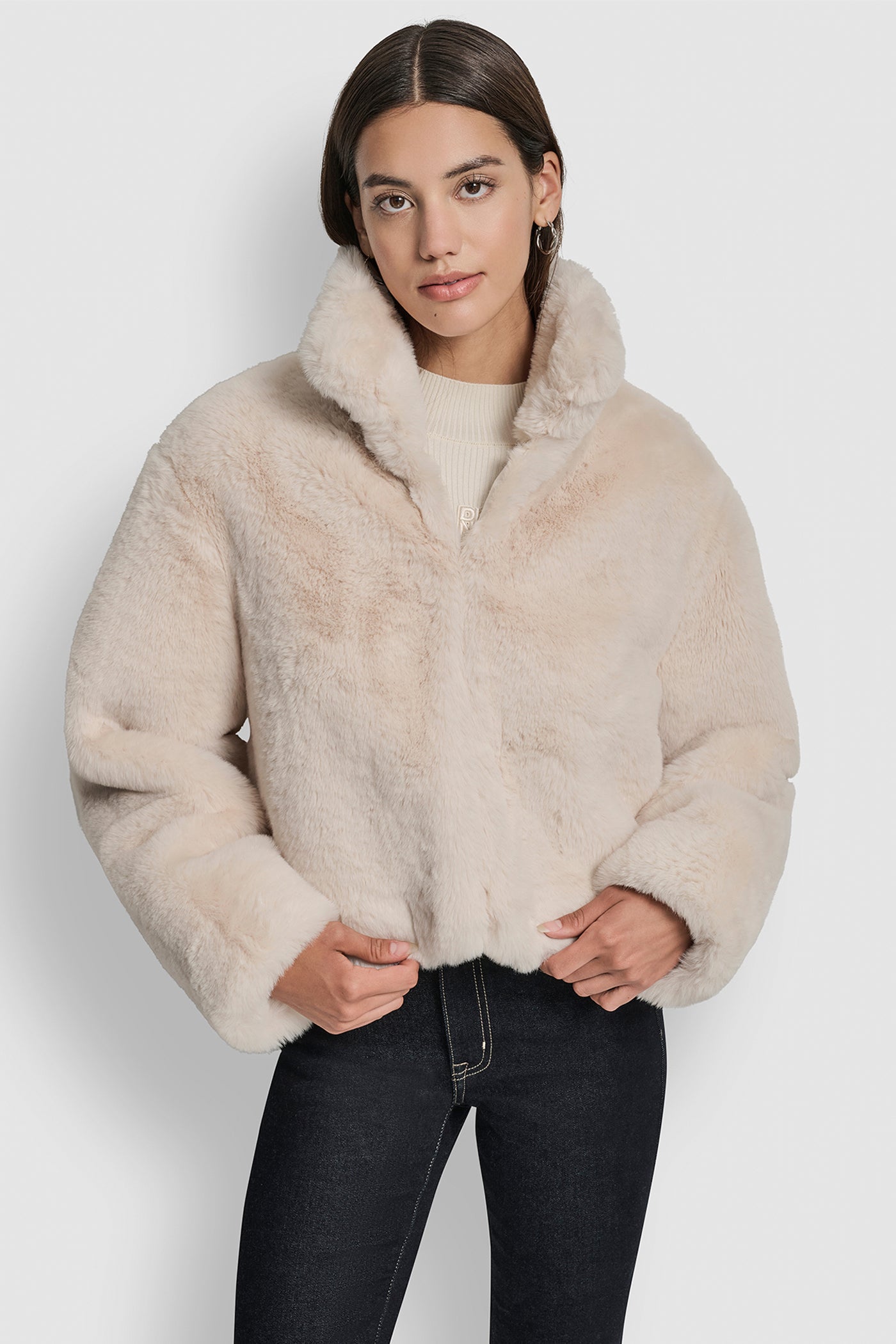 IVORY CROPPED FAUX FUR JACKET, VIEW 1 | DKNY Promo