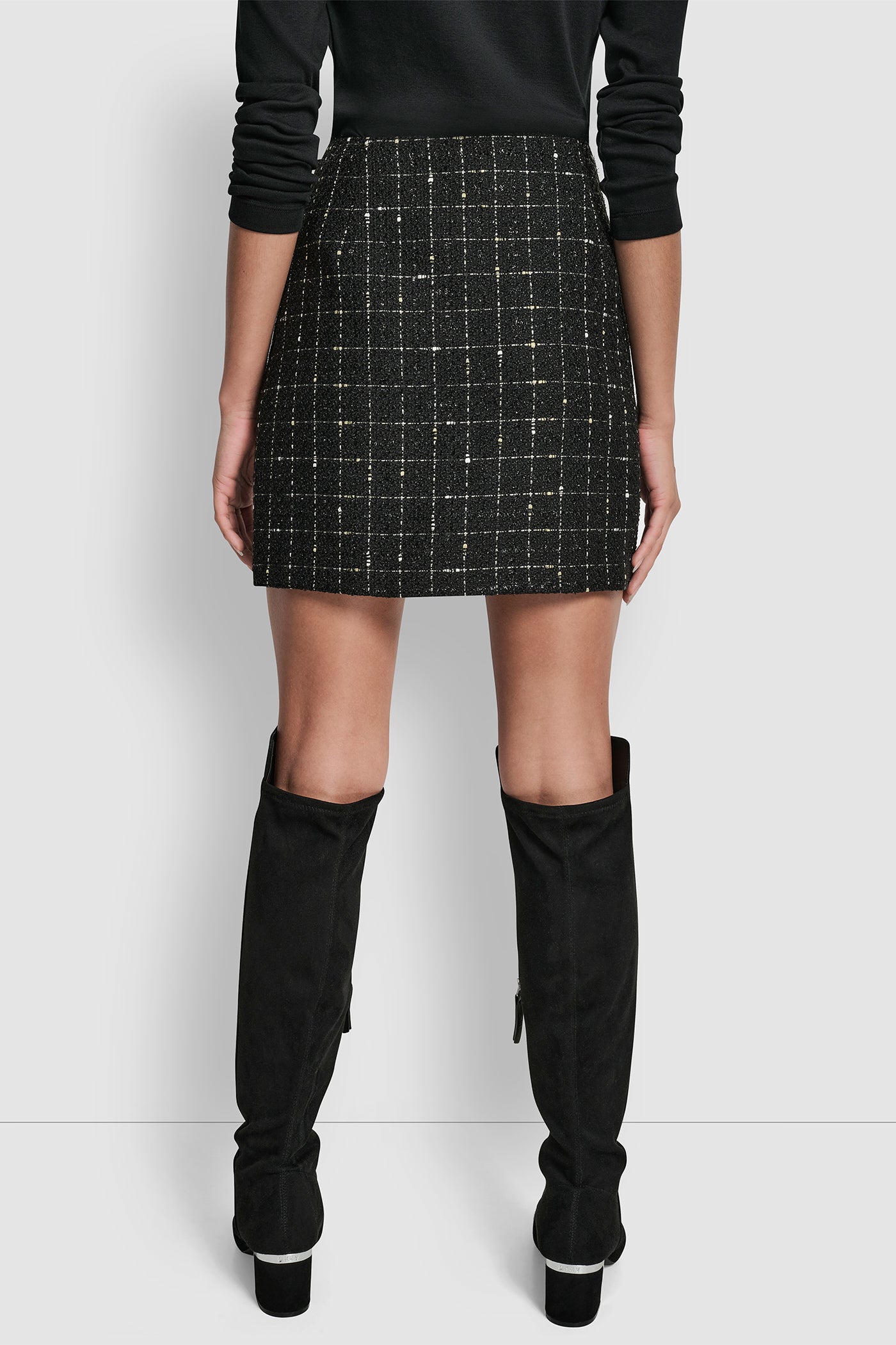BLACK/GOLD WINDOW PANE BOUCLE BOUCLE TWEED MINI SKIRT, BACK VIEW | Skirts