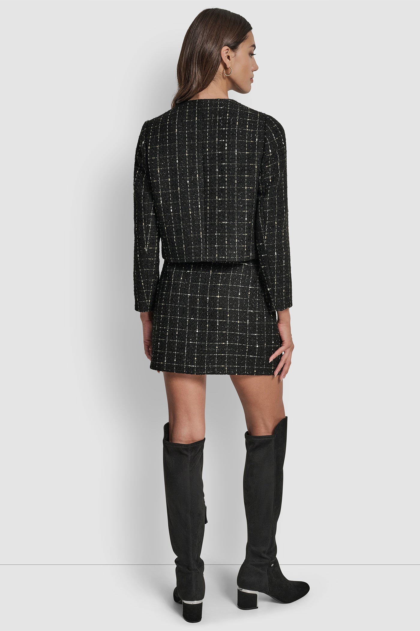 BLACK/GOLD WINDOW PANE BOUCLE CROPPED BOUCLE TWEED JACKET, BACK VIEW | DKNY Promo
