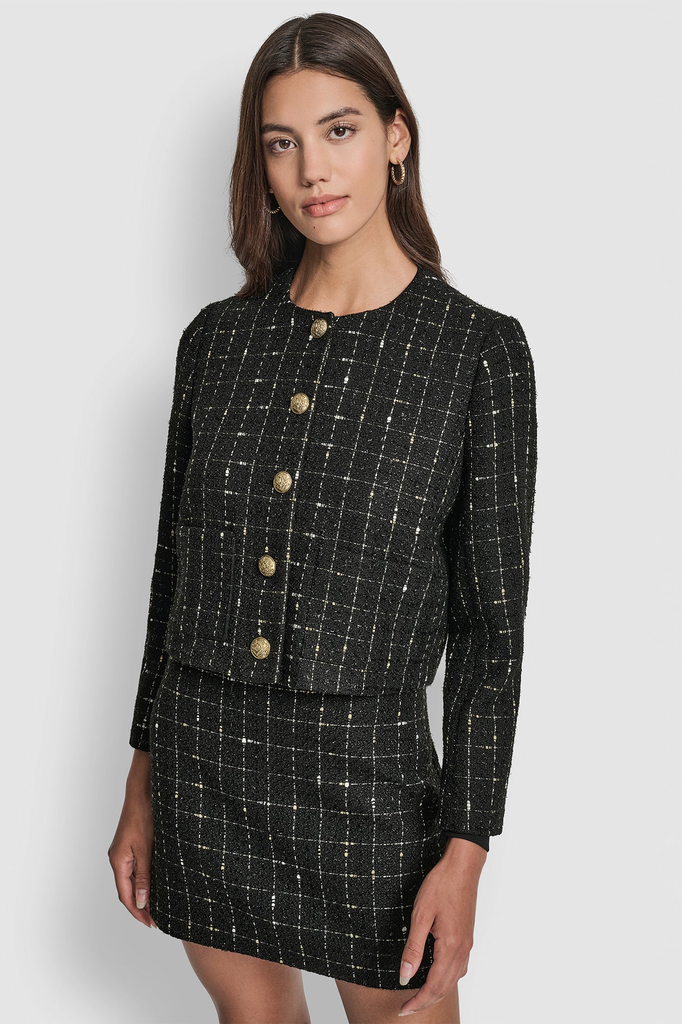 BLACK/GOLD WINDOW PANE BOUCLE CROPPED BOUCLE TWEED JACKET, FRONT VIEW | DKNY Promo