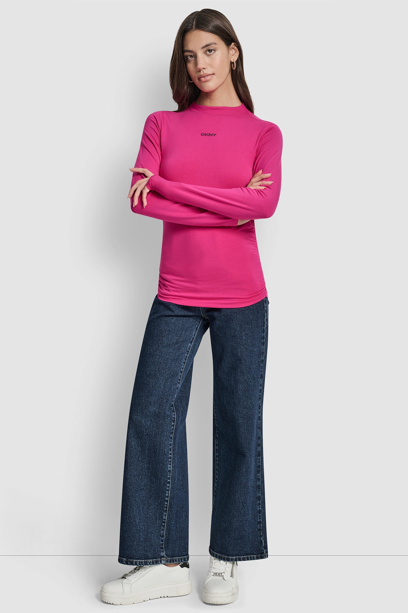 SIDE RUCHED HIGH NECK LONG SLEEVE TOP WITH RHINESTONE VIEW 5 | WOMEN'S SWEATERS & TOPS