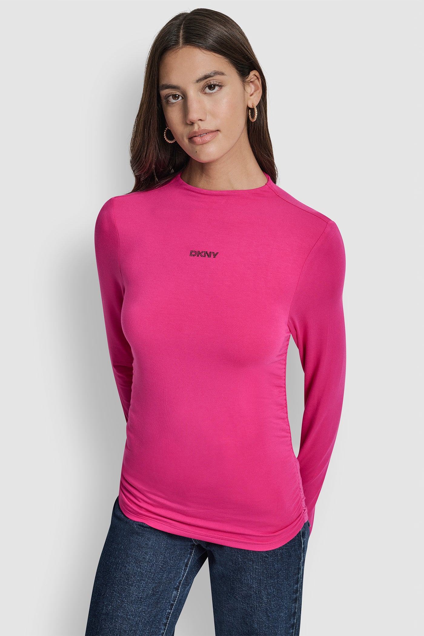 Pink SIDE RUCHED HIGH NECK LONG SLEEVE TOP WITH RHINESTONE, FRONT VIEW | New Arrivals