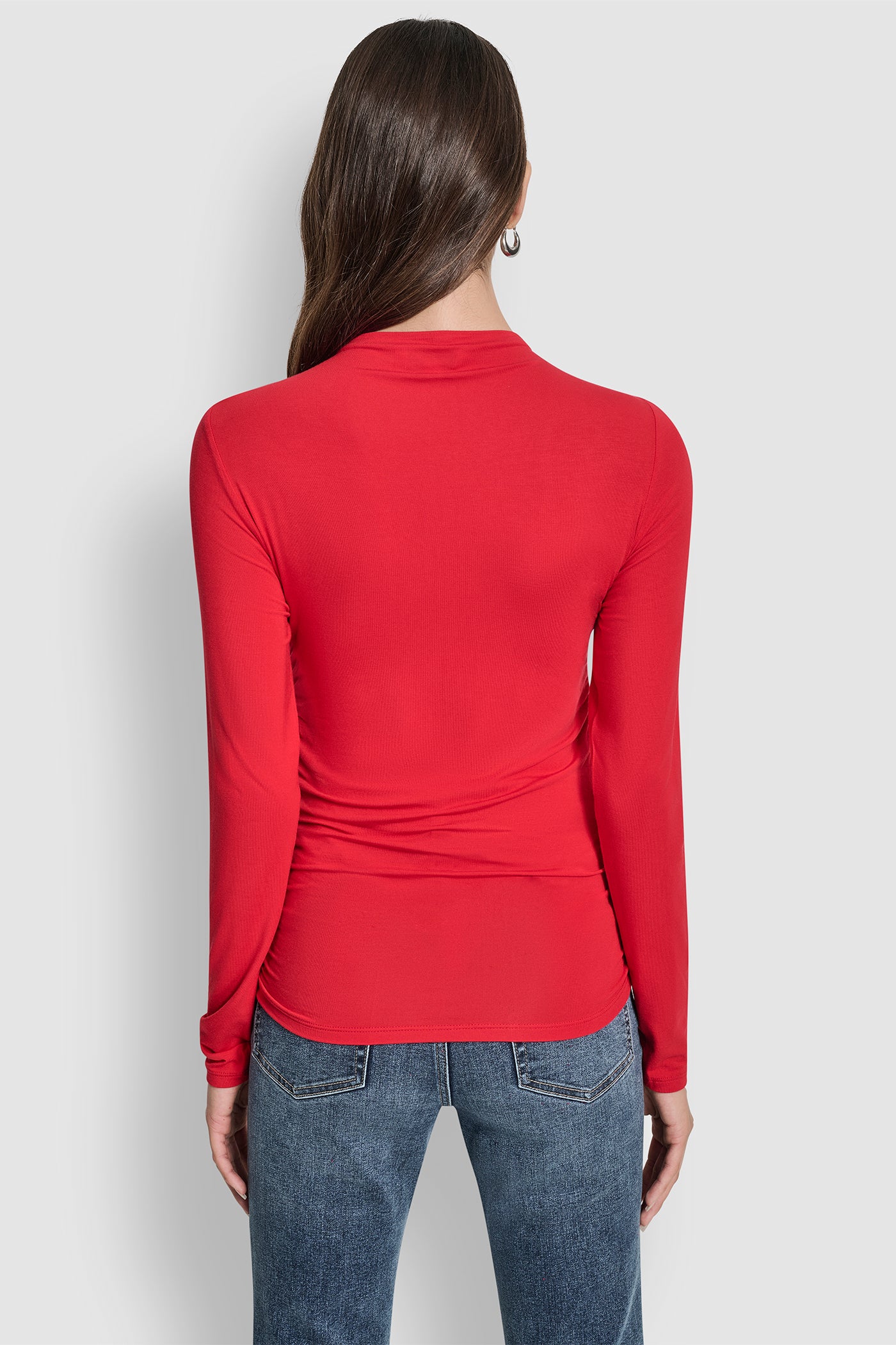 CITY CRIMSON/BLACK SIDE RUCHED HIGH NECK LONG SLEEVE TOP WITH RHINESTONE, BACK VIEW | WOMEN'S SWEATERS & TOPS