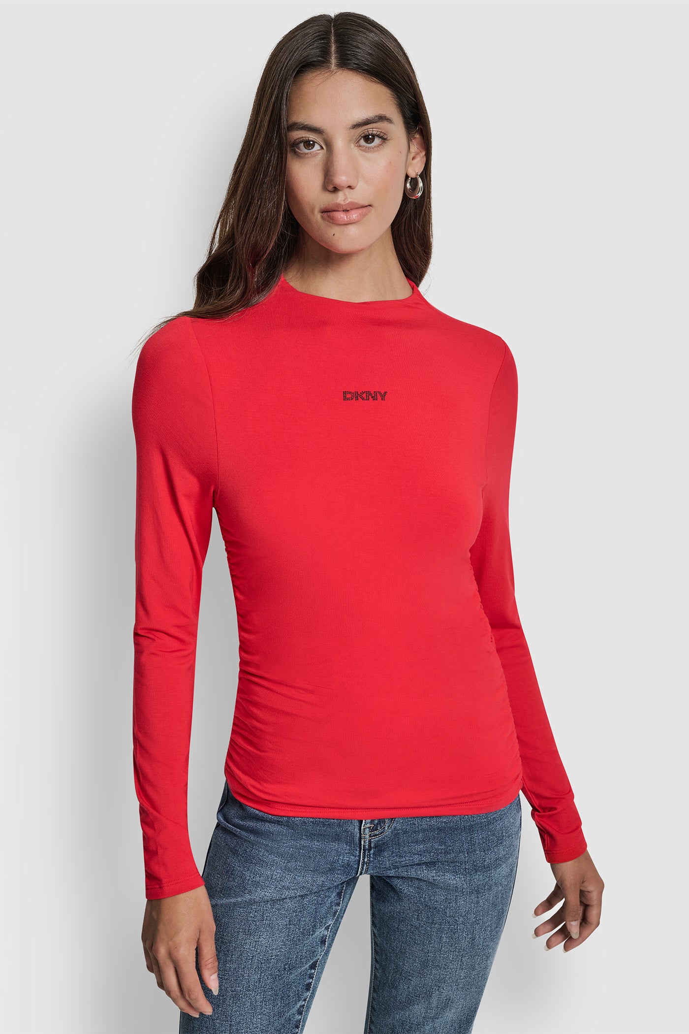 CITY CRIMSON/BLACK SIDE RUCHED HIGH NECK LONG SLEEVE TOP WITH RHINESTONE, FRONT VIEW | WOMEN'S SWEATERS & TOPS