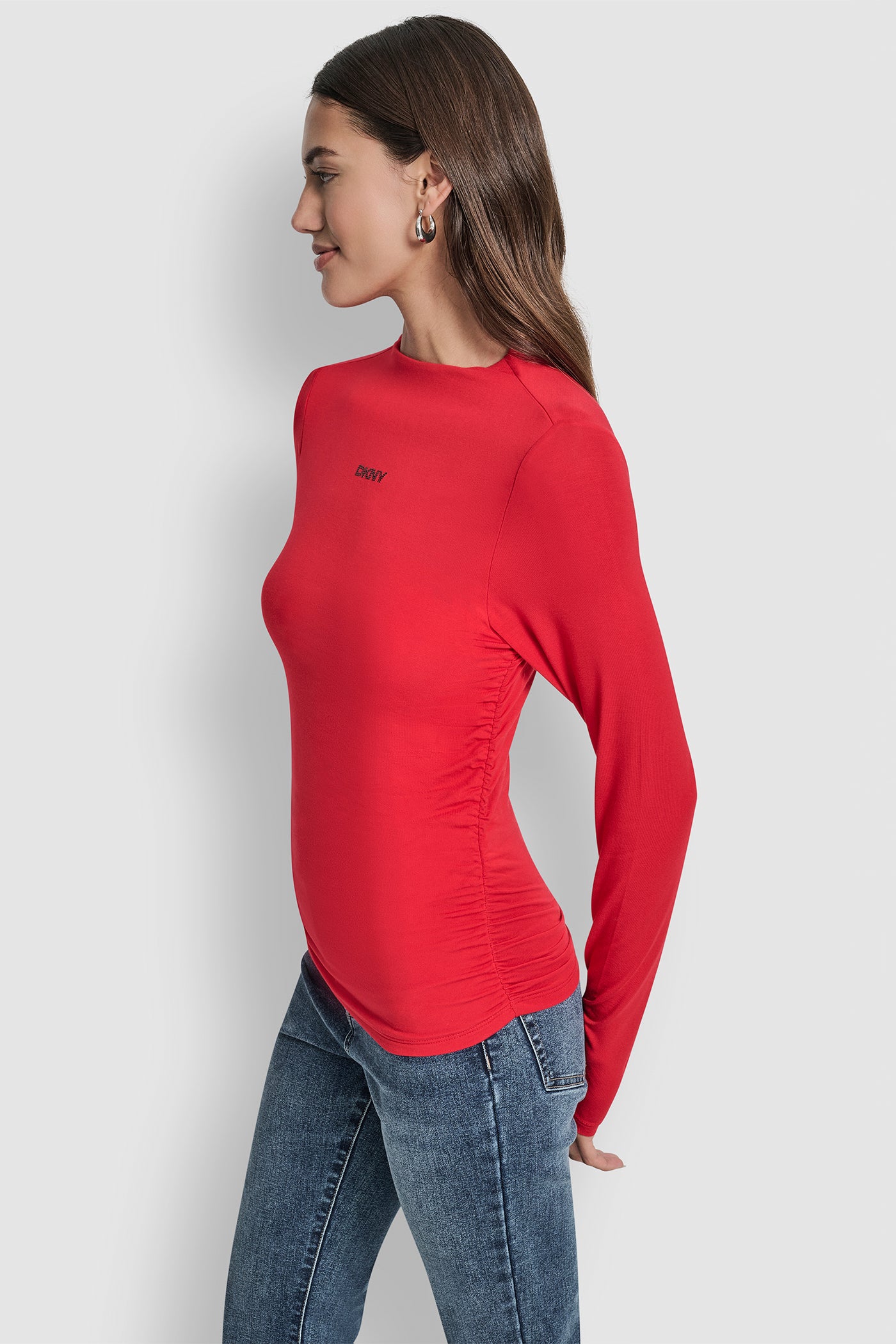 SIDE RUCHED HIGH NECK LONG SLEEVE TOP WITH RHINESTONE VIEW 3 | WOMEN'S SWEATERS & TOPS