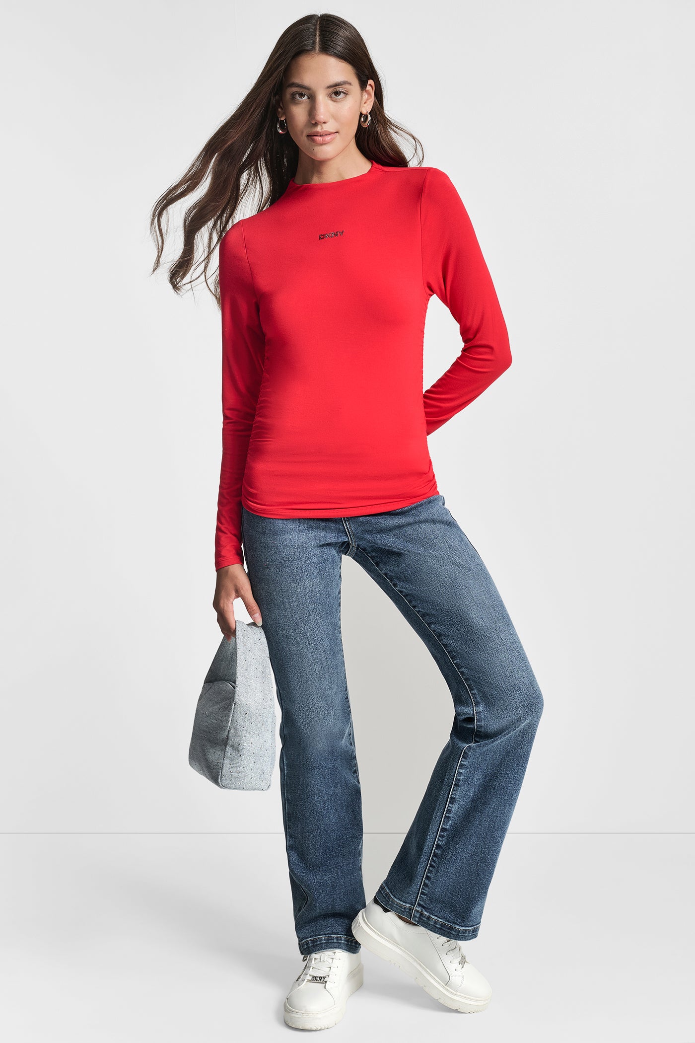 SIDE RUCHED HIGH NECK LONG SLEEVE TOP WITH RHINESTONE VIEW 5 | WOMEN'S SWEATERS & TOPS