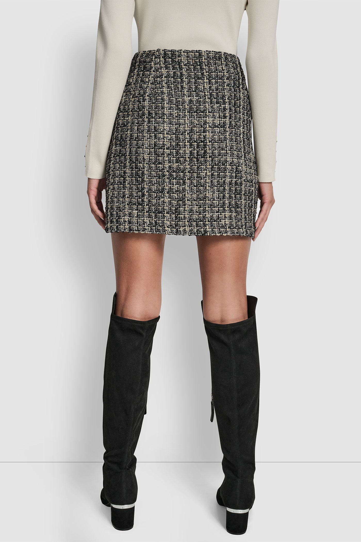 GOLD CROSSHATCH BOUCLE BOUCLE TWEED MINI SKIRT, BACK VIEW | Skirts
