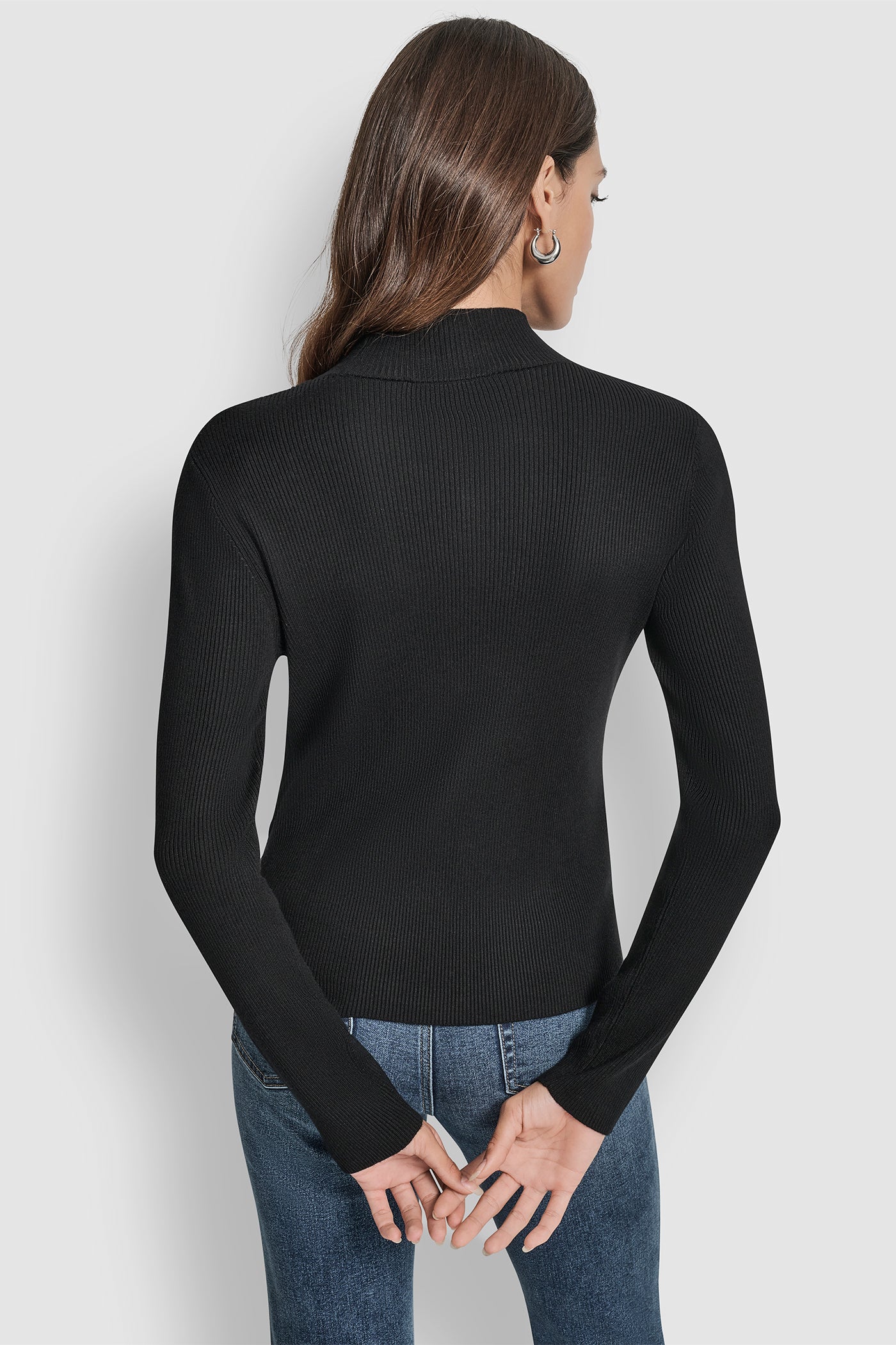 Black RIB LONG SLEEVE MOCK NECK WITH RHINESTONES AT CUFF, BACK VIEW | All Products