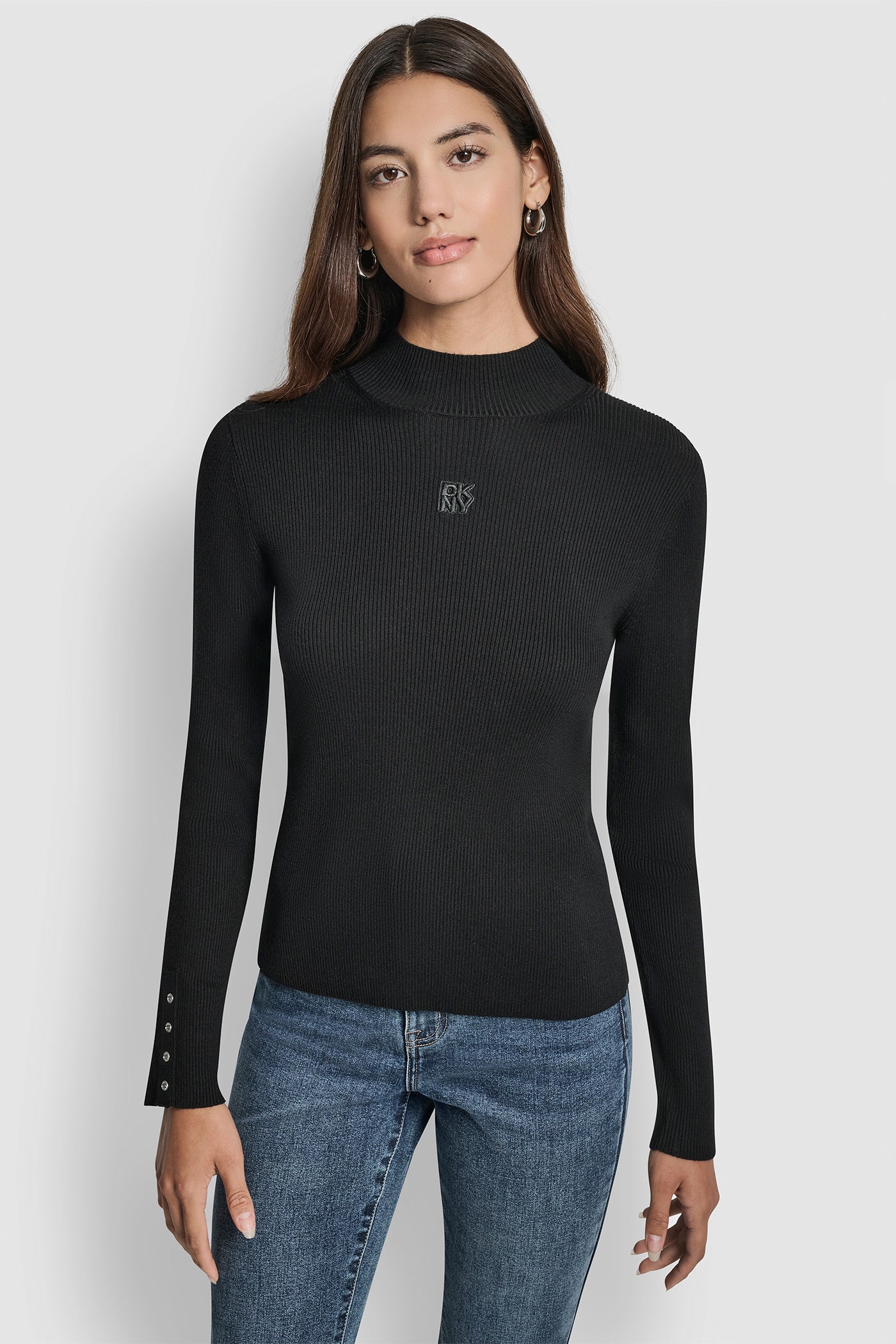 Black RIB LONG SLEEVE MOCK NECK WITH RHINESTONES AT CUFF, FRONT VIEW | All Products