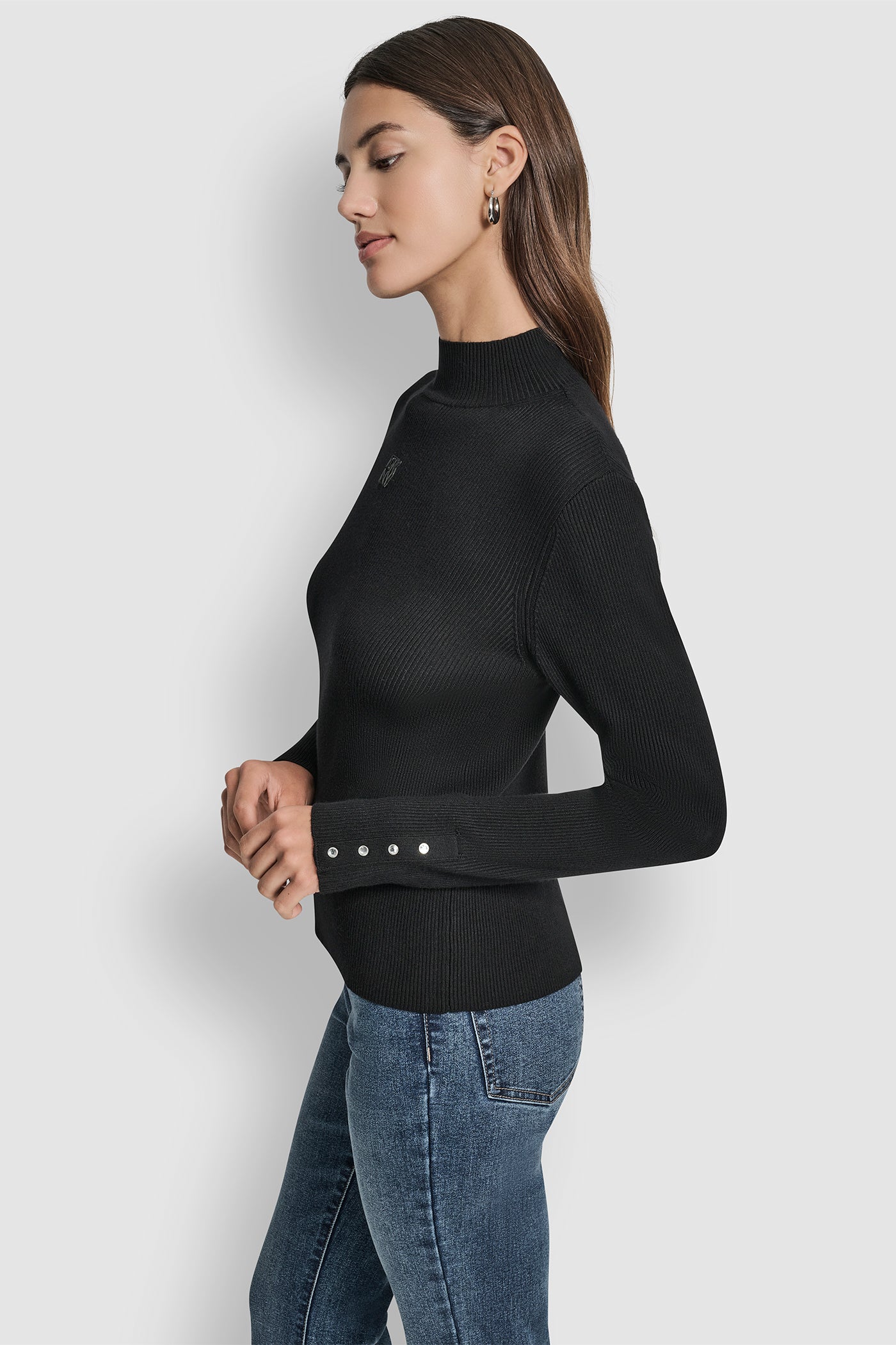 RIB LONG SLEEVE MOCK NECK WITH RHINESTONES AT CUFF VIEW 3 | All Products