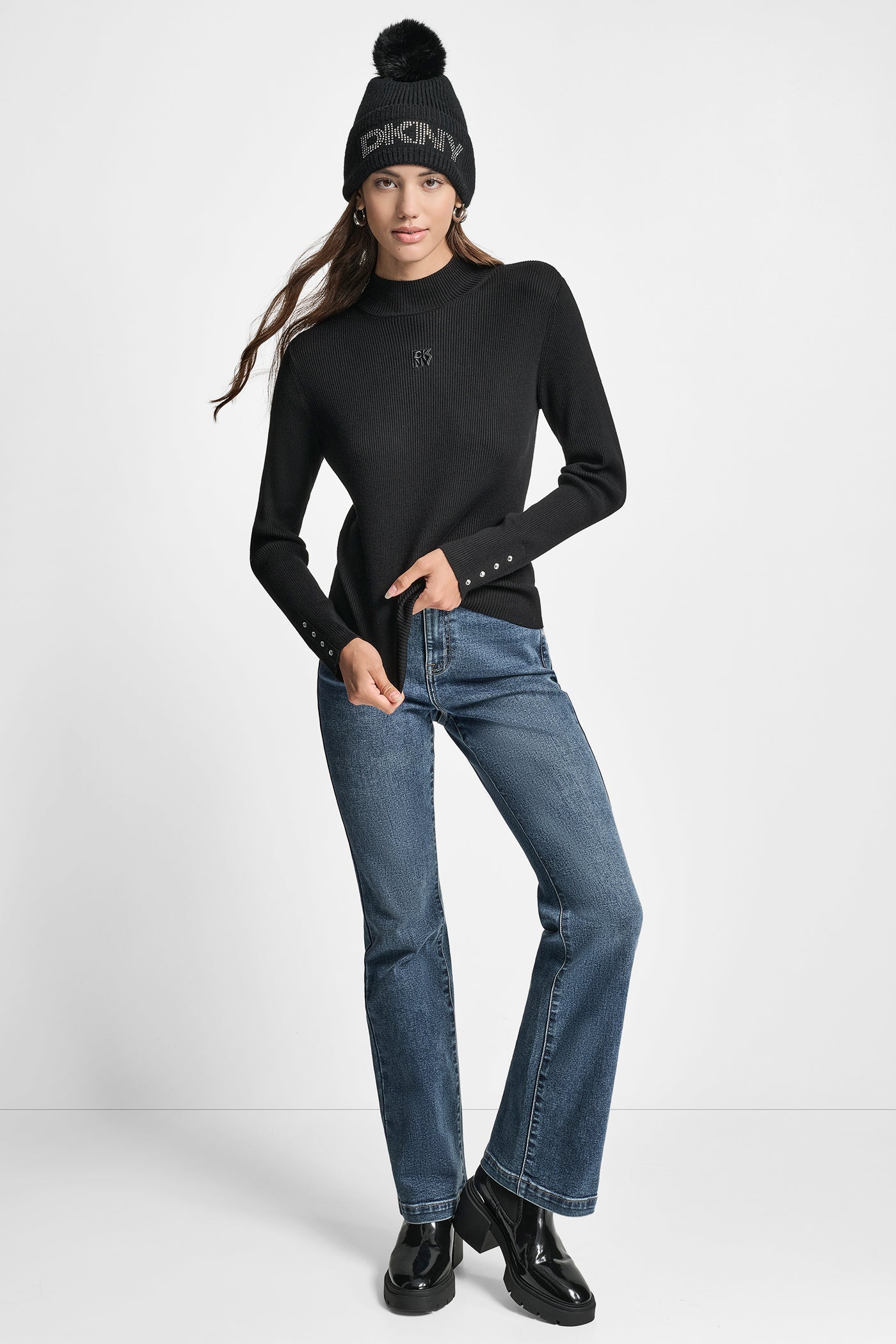 RIB LONG SLEEVE MOCK NECK WITH RHINESTONES AT CUFF VIEW 6 | All Products