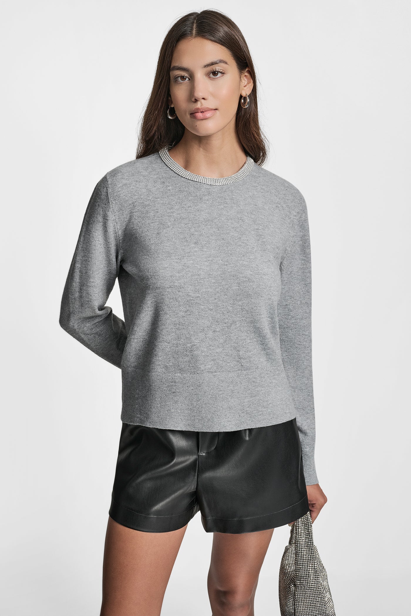 STORM GREY HEATHER CREW NECK  WITH RHINESTONE TRIM AT NECK, VIEW 1 | New clothing