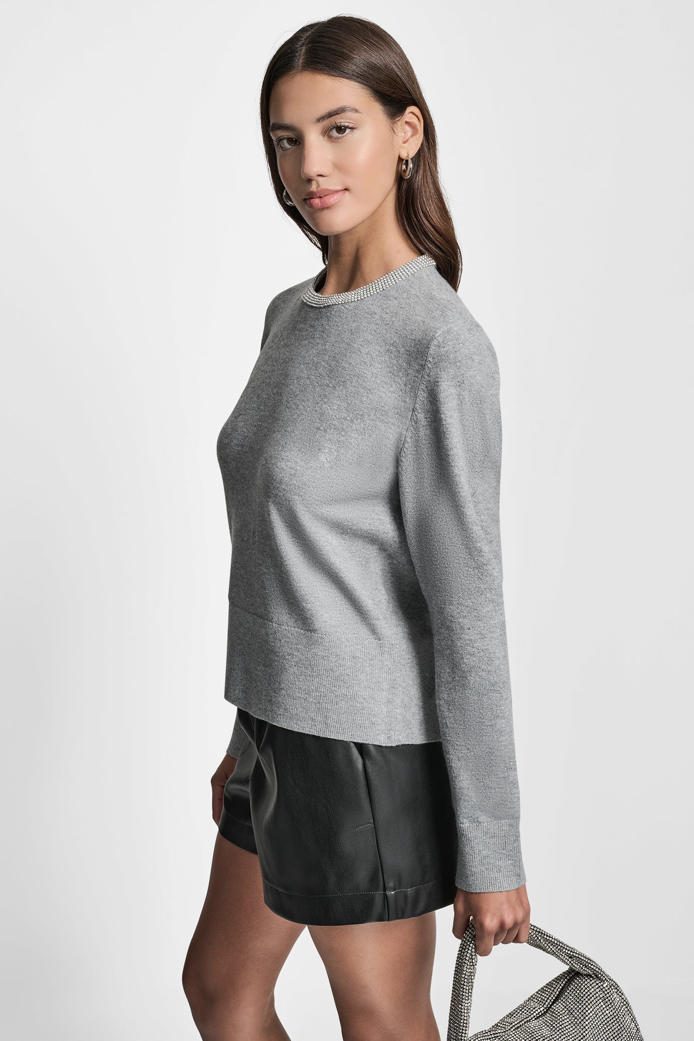 CREW NECK  WITH RHINESTONE TRIM AT NECK VIEW 4 | New clothing