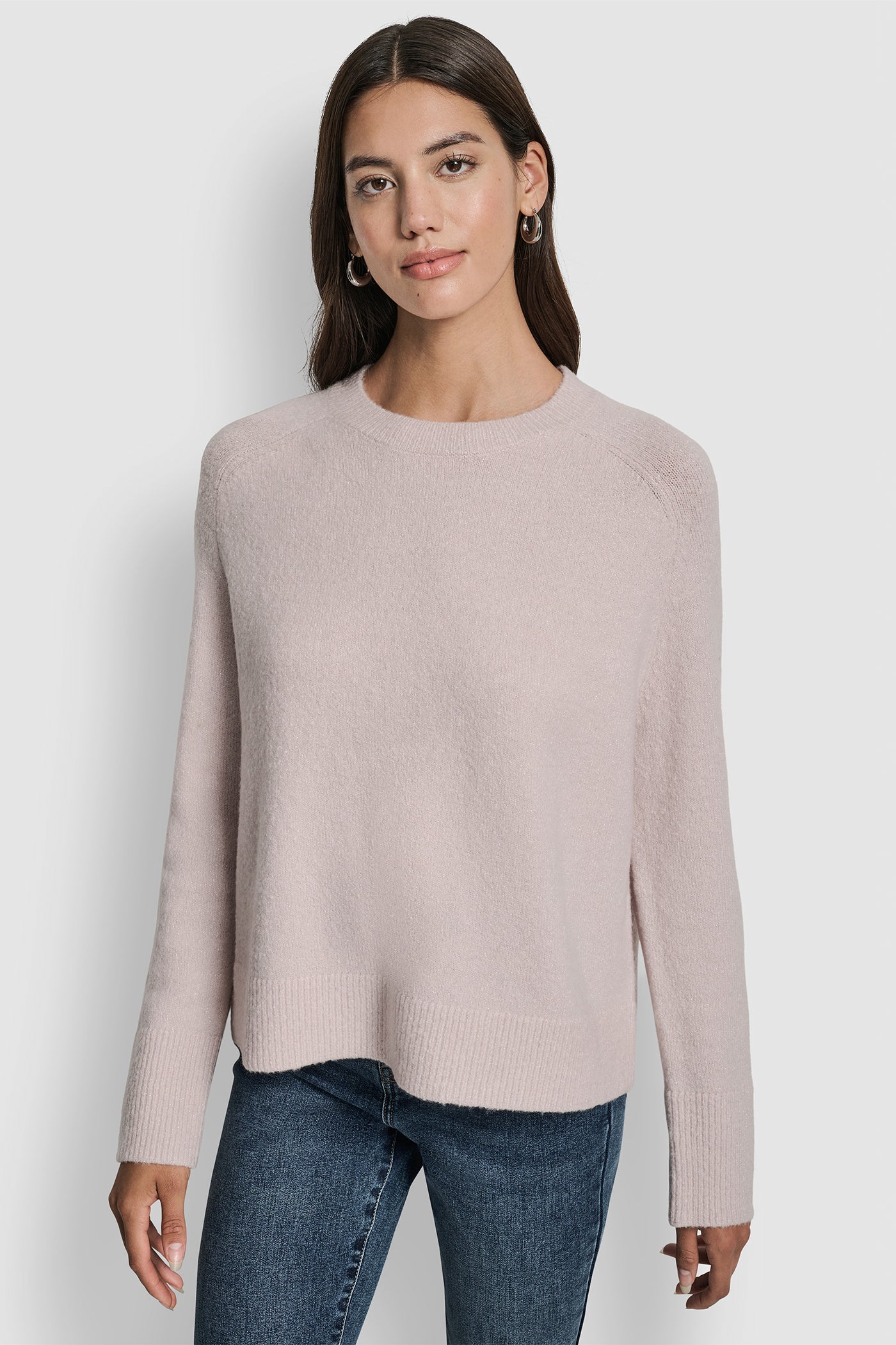 PINK MOON/SILVER LUREX CREW NECK RAGLAN SLEEVE SWEATER, FRONT VIEW | New Arrivals