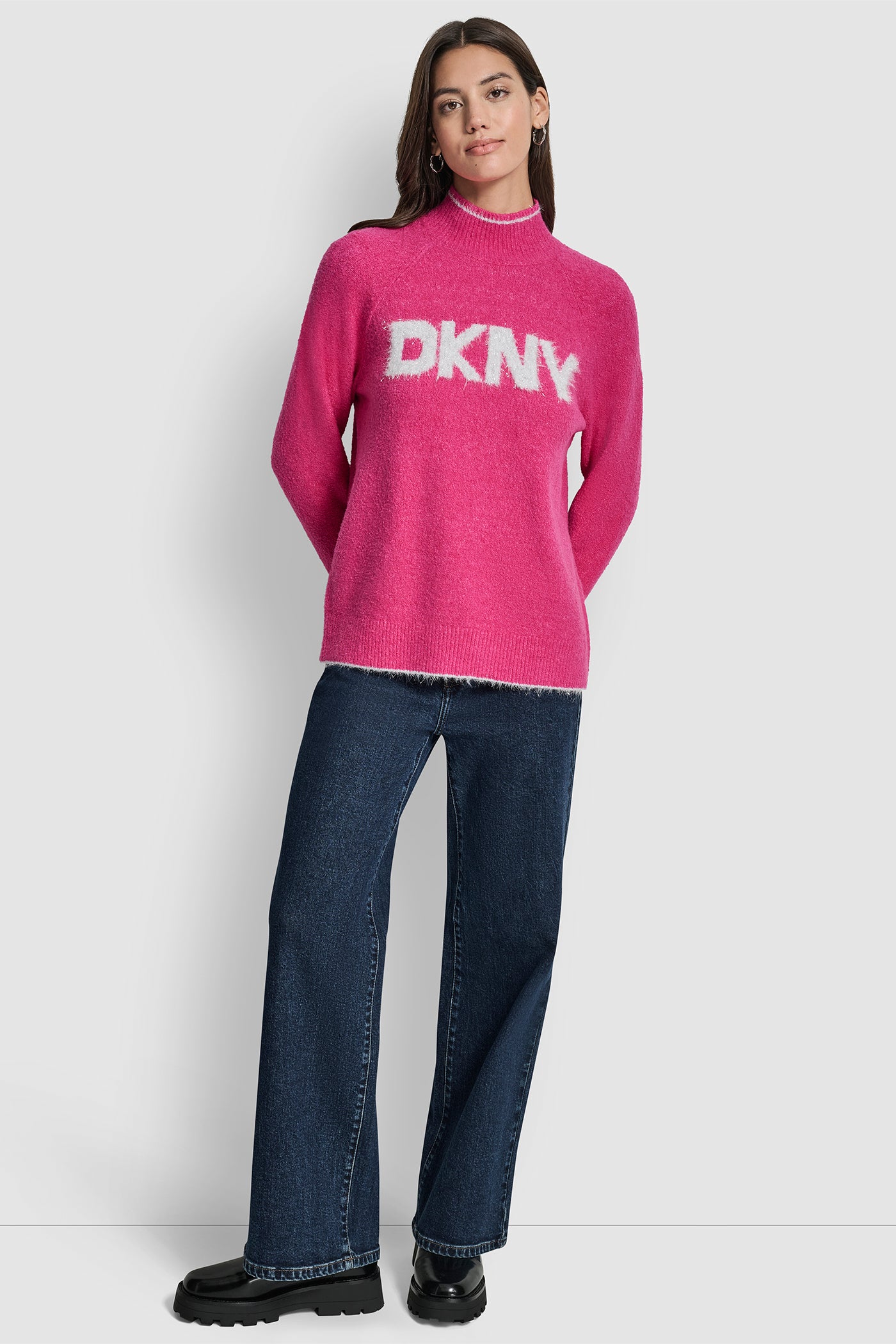 DKNY TINSEL LOGO LONG SLEEVE RAGLAN SWEATER VIEW 5 | WOMEN'S SWEATERS & TOPS