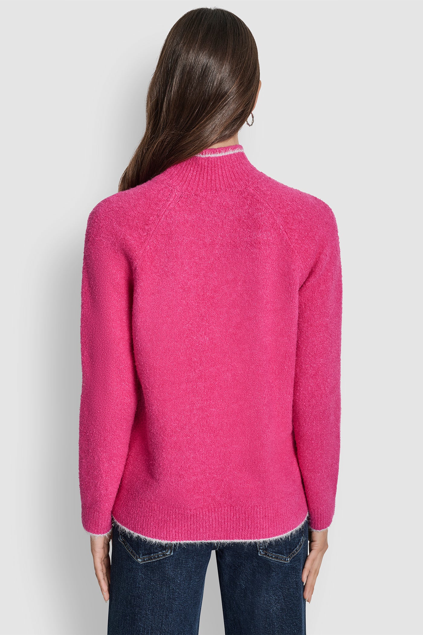 FESTIVE PINK/SILVER DKNY TINSEL LOGO LONG SLEEVE RAGLAN SWEATER, BACK VIEW | WOMEN'S SWEATERS & TOPS