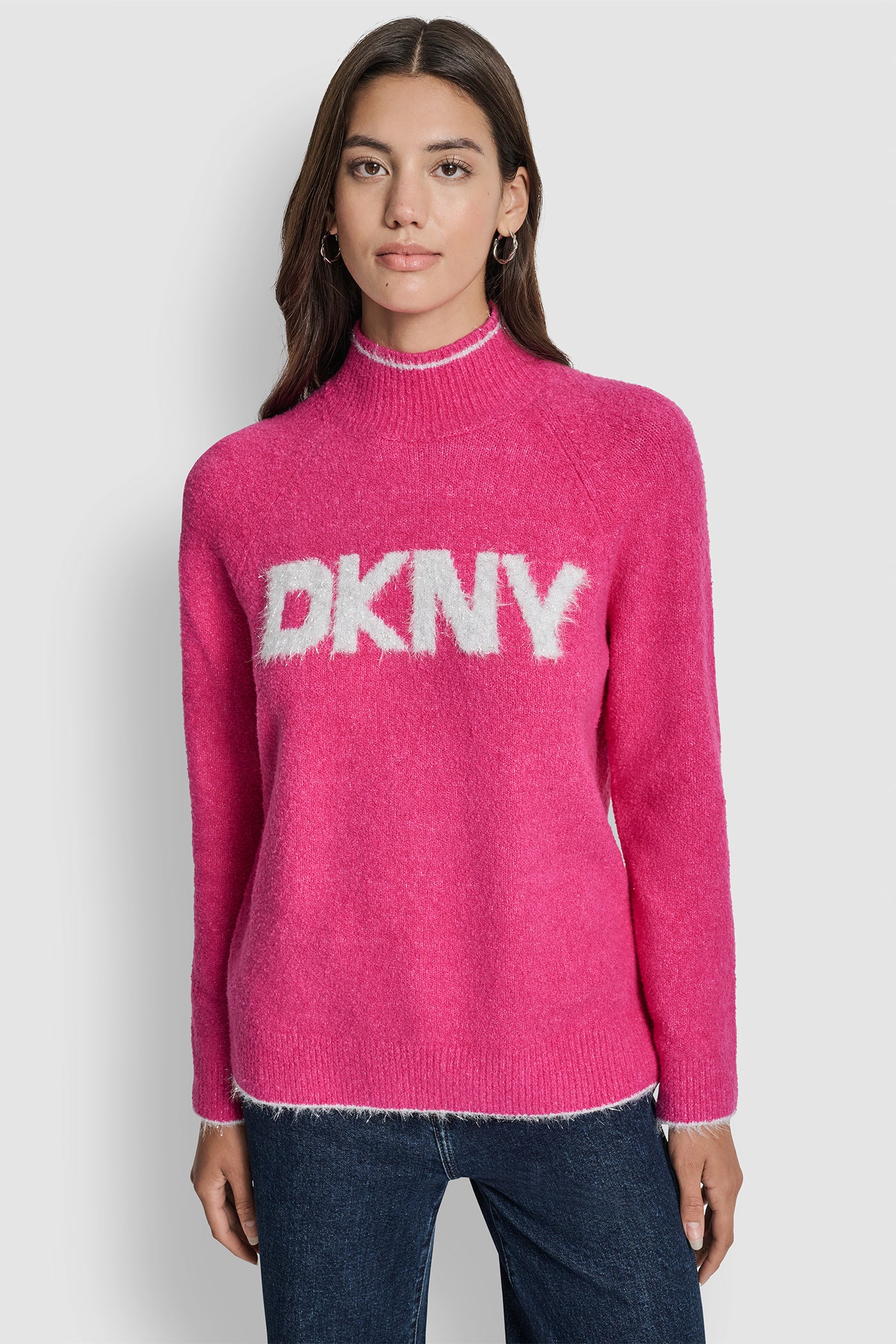 FESTIVE PINK/SILVER DKNY TINSEL LOGO LONG SLEEVE RAGLAN SWEATER, FRONT VIEW | WOMEN'S SWEATERS & TOPS