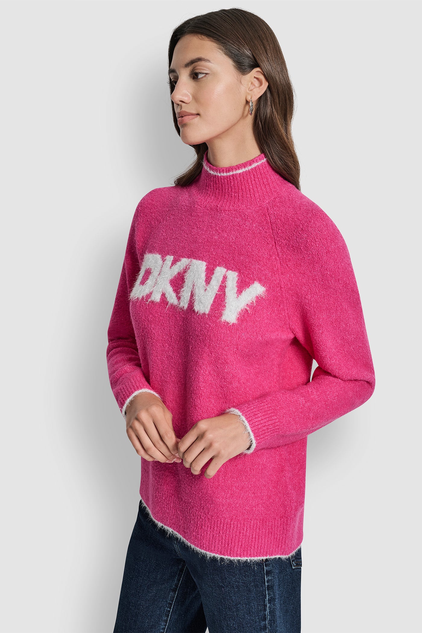 DKNY TINSEL LOGO LONG SLEEVE RAGLAN SWEATER VIEW 3 | WOMEN'S SWEATERS & TOPS