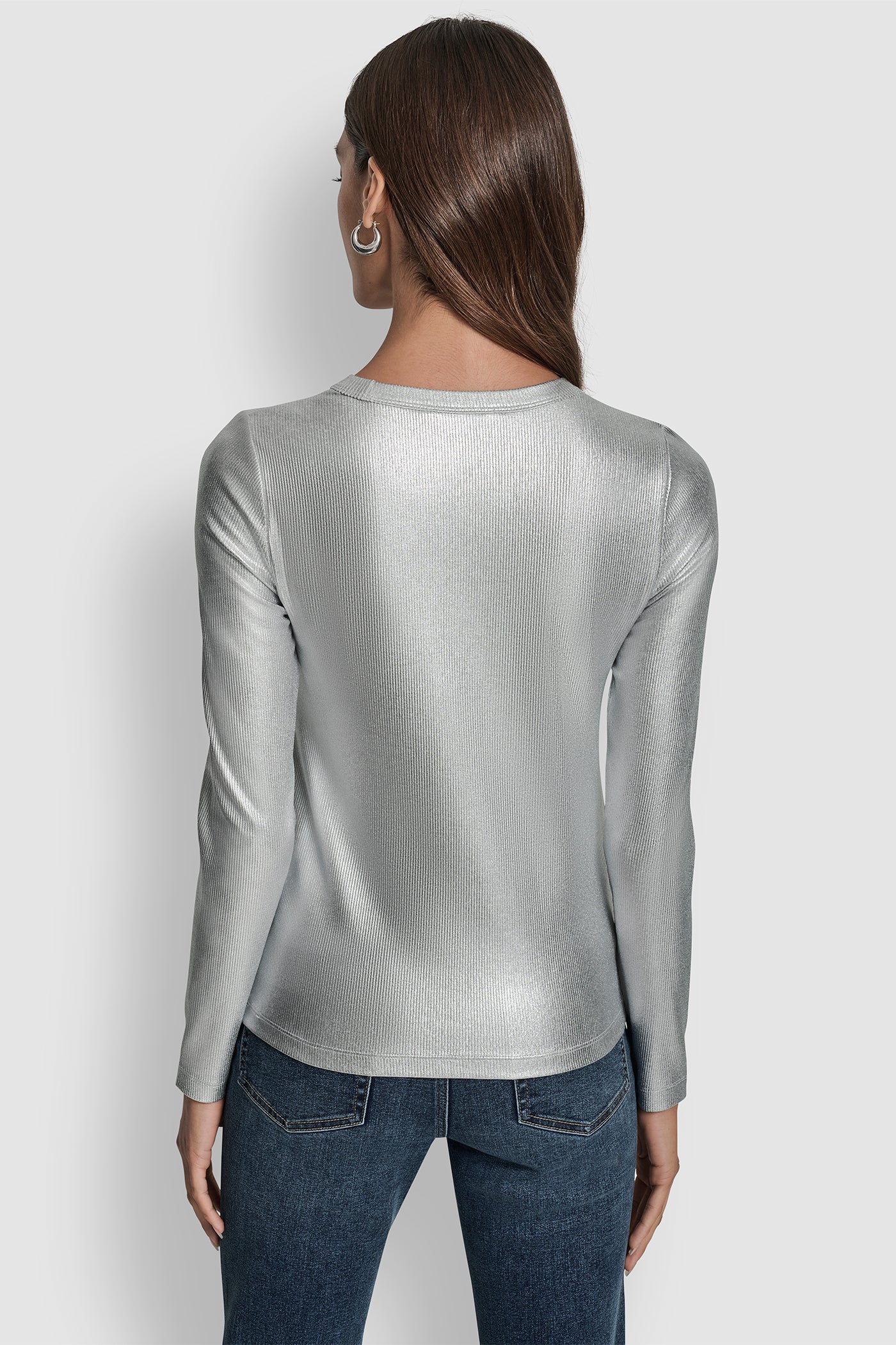 EGGNOG/SILVER FOIL RIB CREW NECK LONG SLEEVE TOP, BACK VIEW | WOMEN'S SWEATERS & TOPS