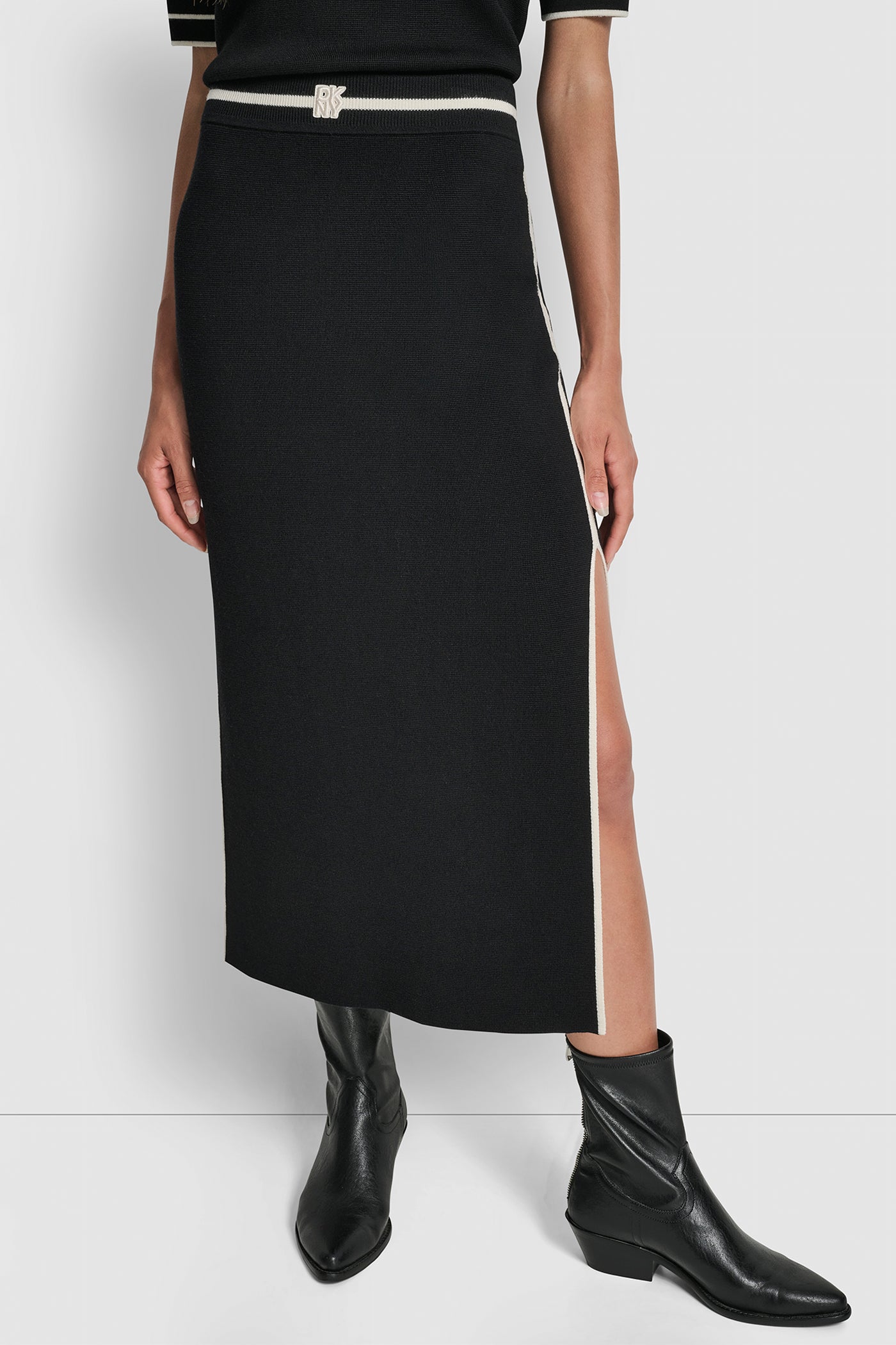 BLACK/EGGNOG COLOR BLOCK MAXI SKIRT WITH SIDE SLITS AND LOGO PATCH, VIEW 1 | New Arrivals