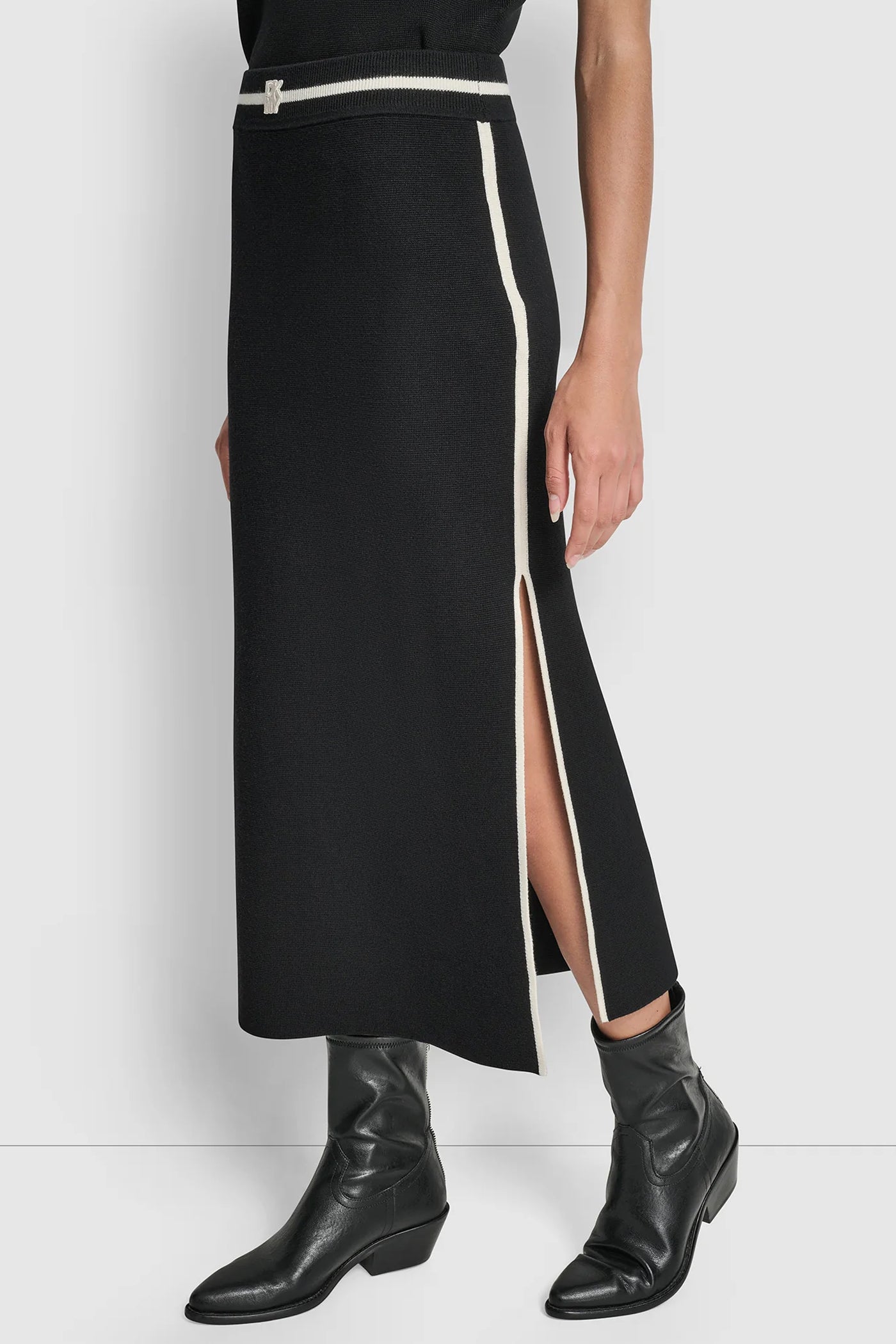 BLACK COLOR BLOCK MAXI SKIRT WITH SIDE SLITS AND LOGO PATCH, VIEW 1 | Back-To-School Shop