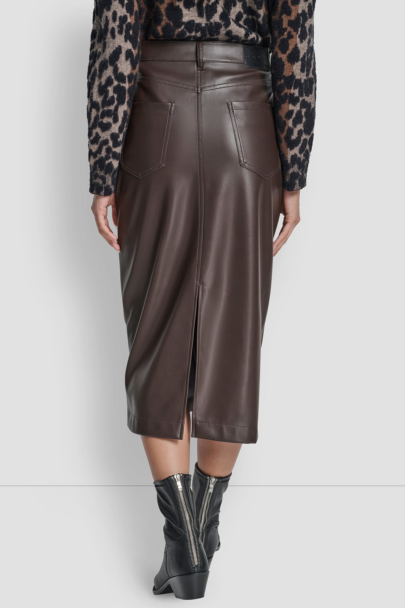 ESPRESSO FAUX LEATHER MIDI COLUMN SKIRT, BACK VIEW | DKNY Promo