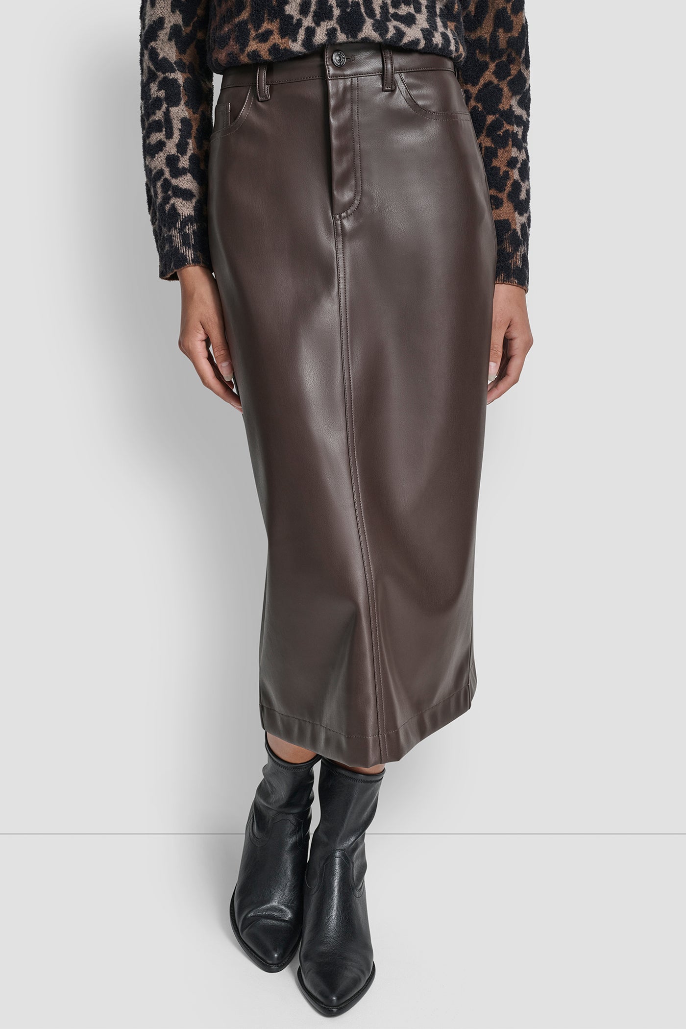 ESPRESSO FAUX LEATHER MIDI COLUMN SKIRT, FRONT VIEW | DKNY Promo