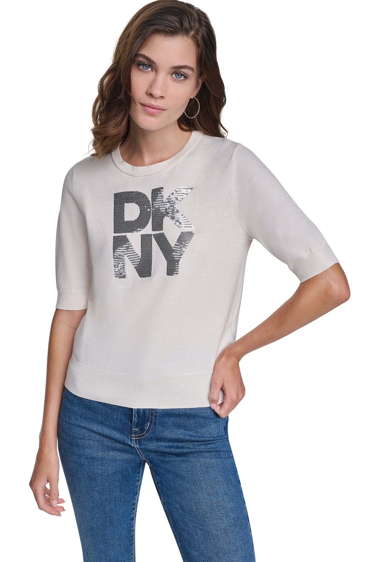 ELBOW SLEEVE SEQUIN LOGO SWEATER VIEW 2