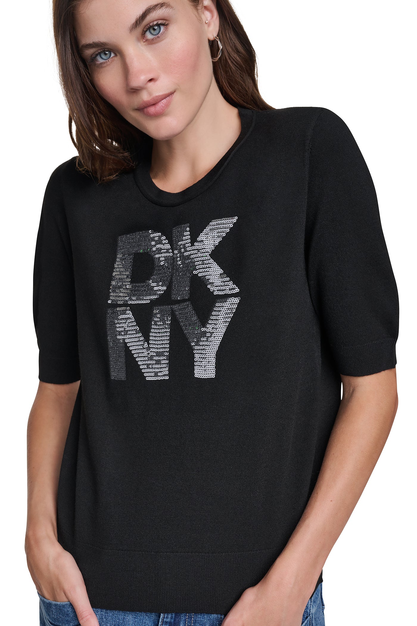 ELBOW SLEEVE SEQUIN LOGO SWEATER VIEW 2