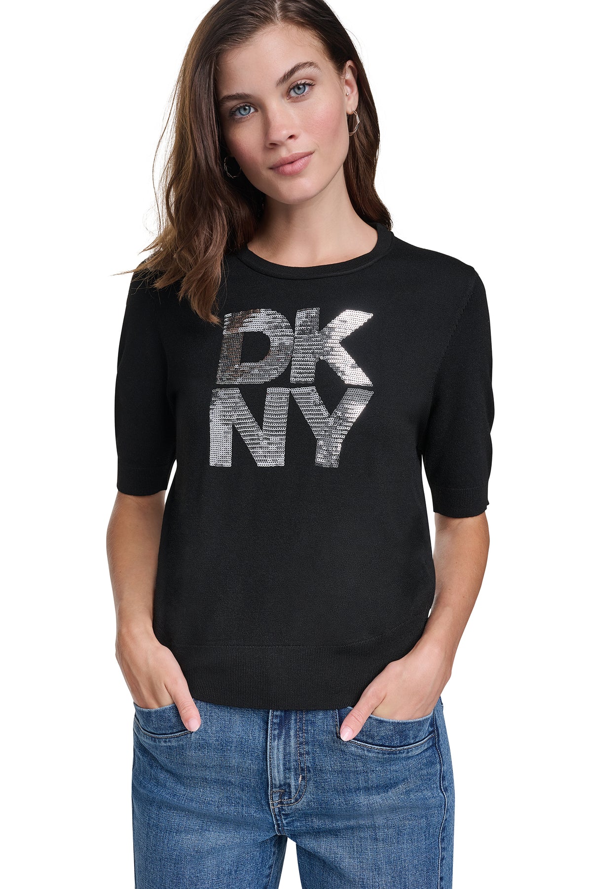 ELBOW SLEEVE SEQUIN LOGO SWEATER VIEW 1