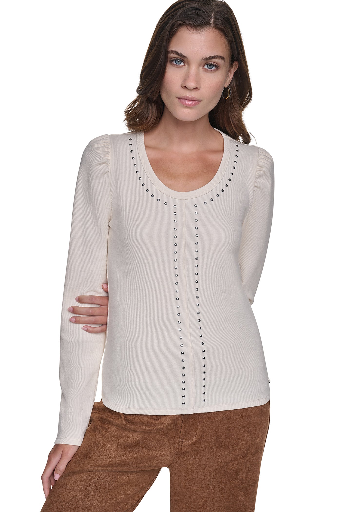 Eggnog/Silver PUFF SLEEVE RHINESTONE TOP, FRONT VIEW | New clothing