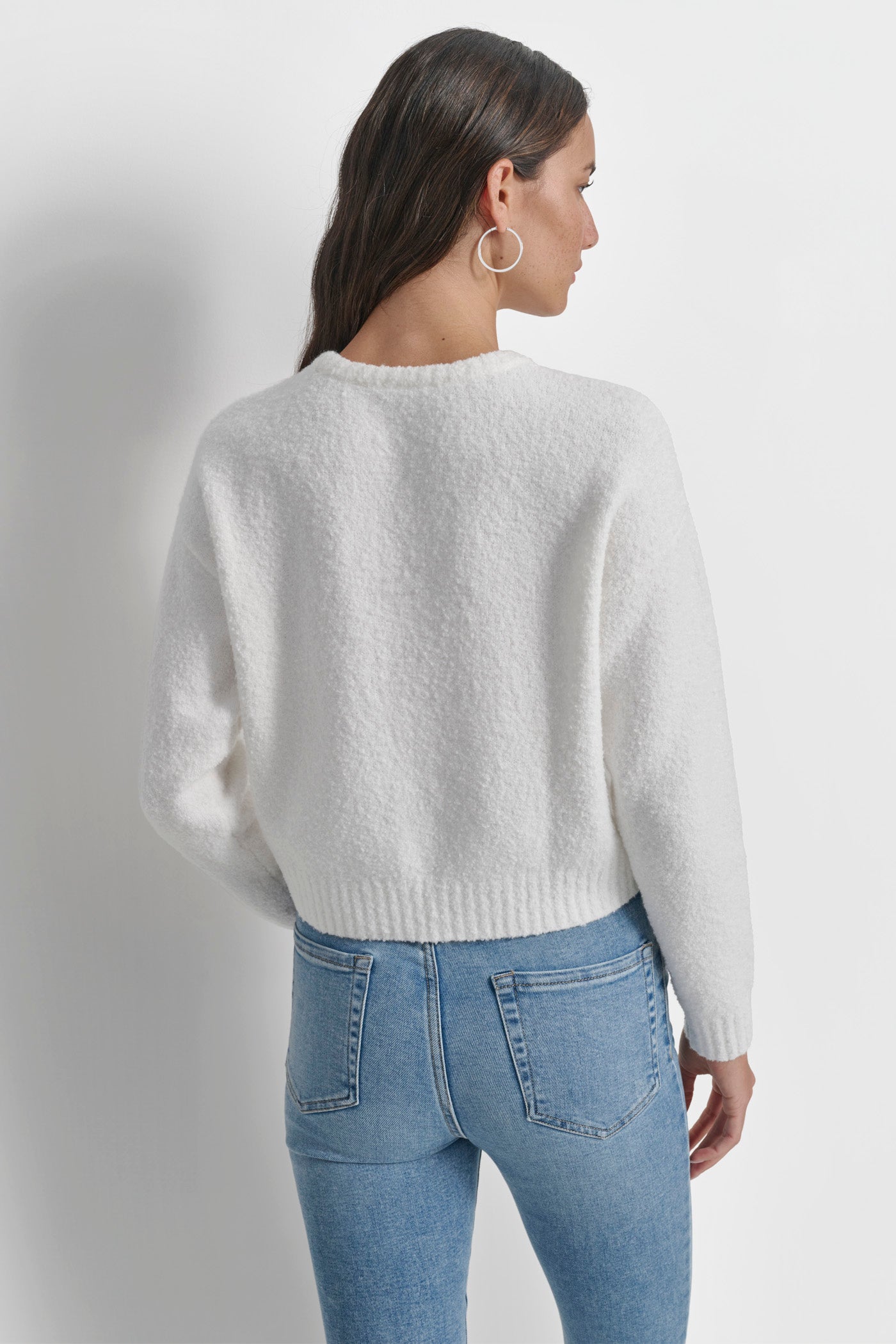 IVORY/SILVER TINSEL LOGO BOUCLE SWEATER, BACK VIEW | Cyber Deals