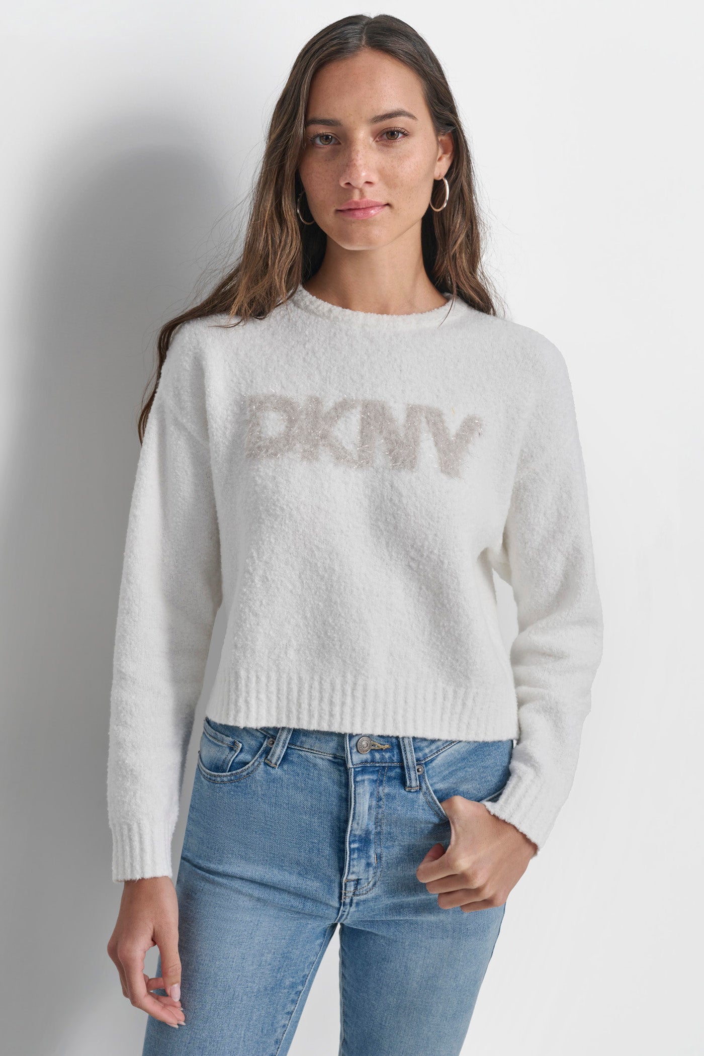 IVORY/SILVER TINSEL LOGO BOUCLE SWEATER, FRONT VIEW | Cyber Deals