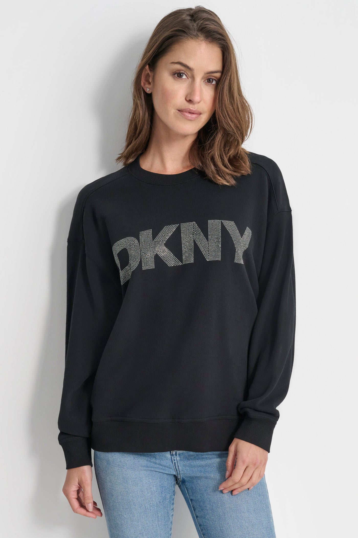 Black STUDDED DKNY SWEATSHIRT, FRONT VIEW | Clothing