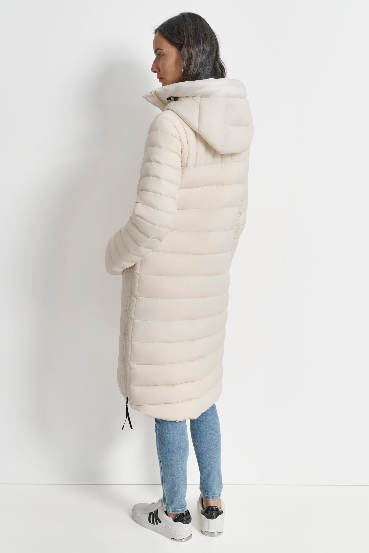 White DOWN FILL HOODED ZIP FRONT QUILTED PUFFER, BACK VIEW | Not Clearance or Preorder