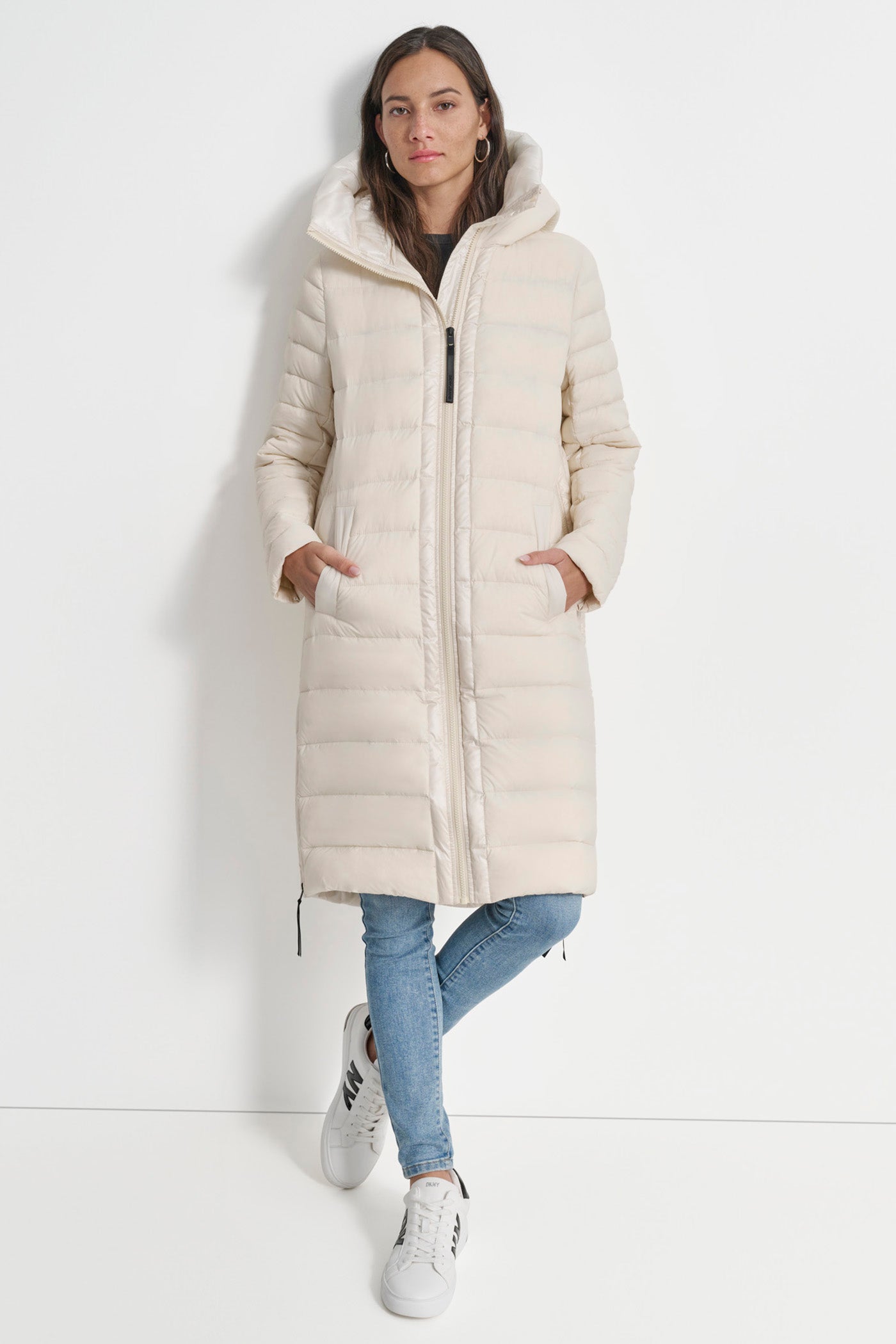 White DOWN FILL HOODED ZIP FRONT QUILTED PUFFER, FRONT VIEW | Not Clearance or Preorder