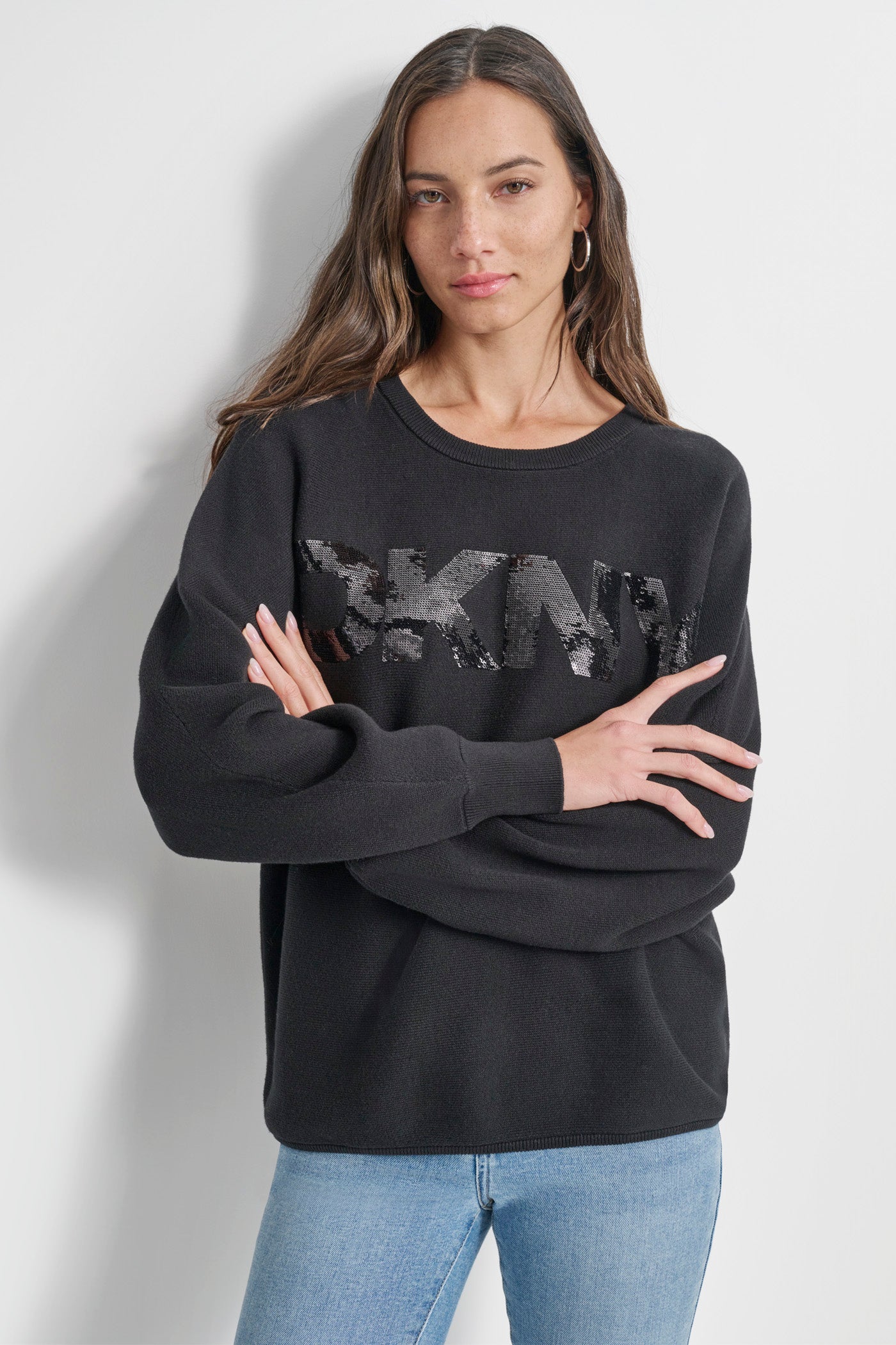 Black SEQUIN LOGO SWEATER, FRONT VIEW | Back-To-School Shop