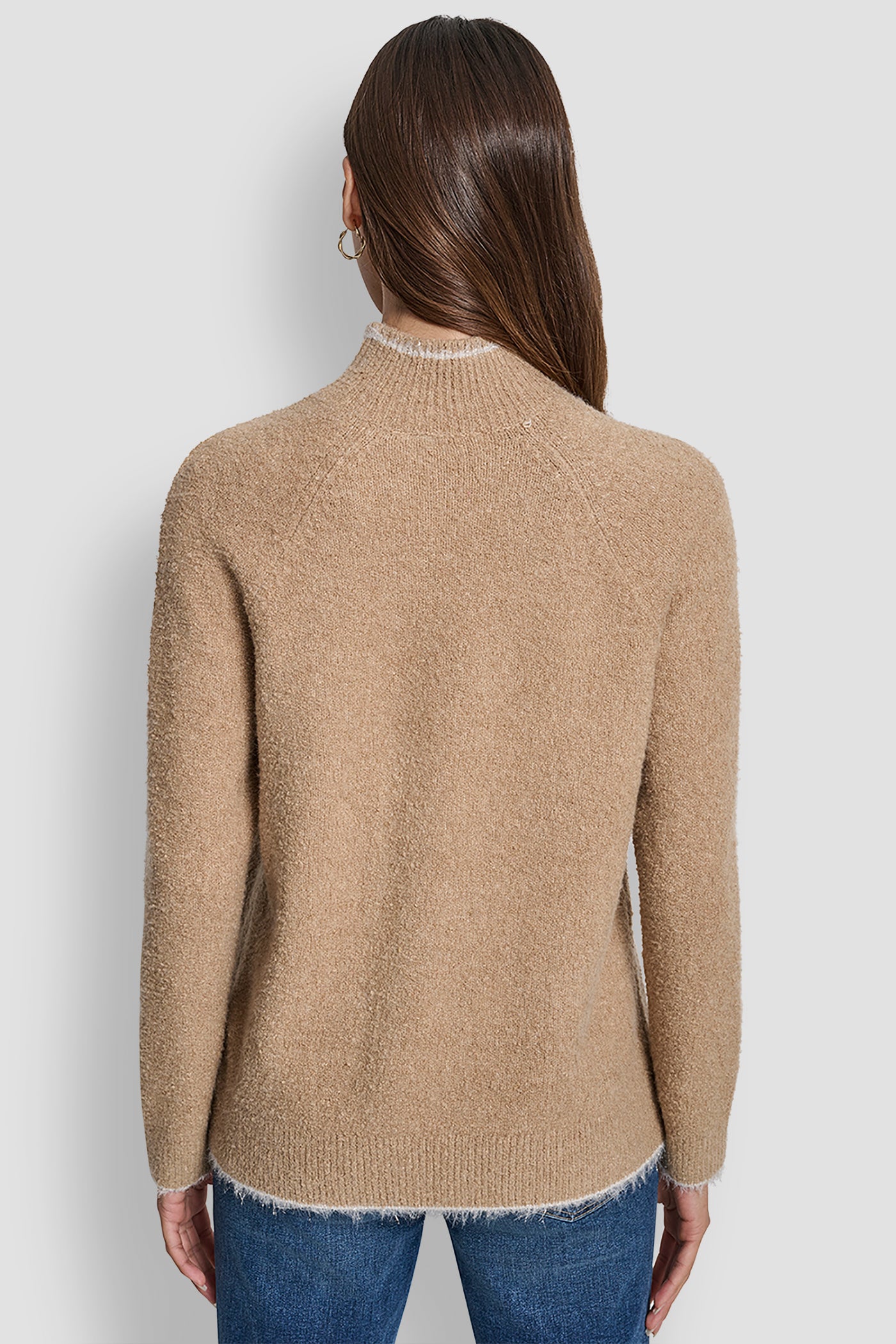 TRAVERTINE/GOLD DKNY TINSEL LOGO LONG SLEEVE RAGLAN SWEATER, BACK VIEW | WOMEN'S SWEATERS & TOPS