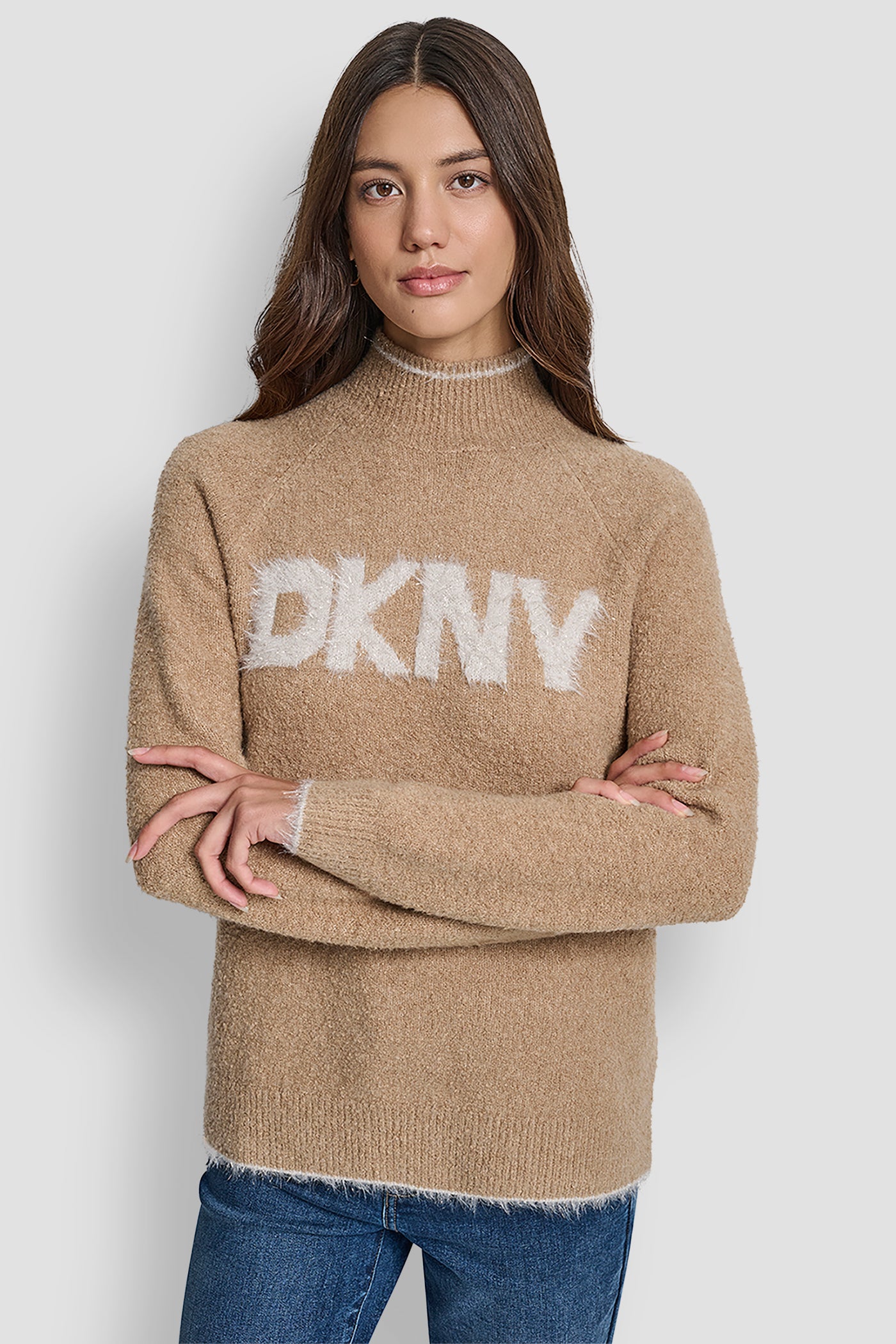 TRAVERTINE/GOLD DKNY TINSEL LOGO LONG SLEEVE RAGLAN SWEATER, FRONT VIEW | WOMEN'S SWEATERS & TOPS