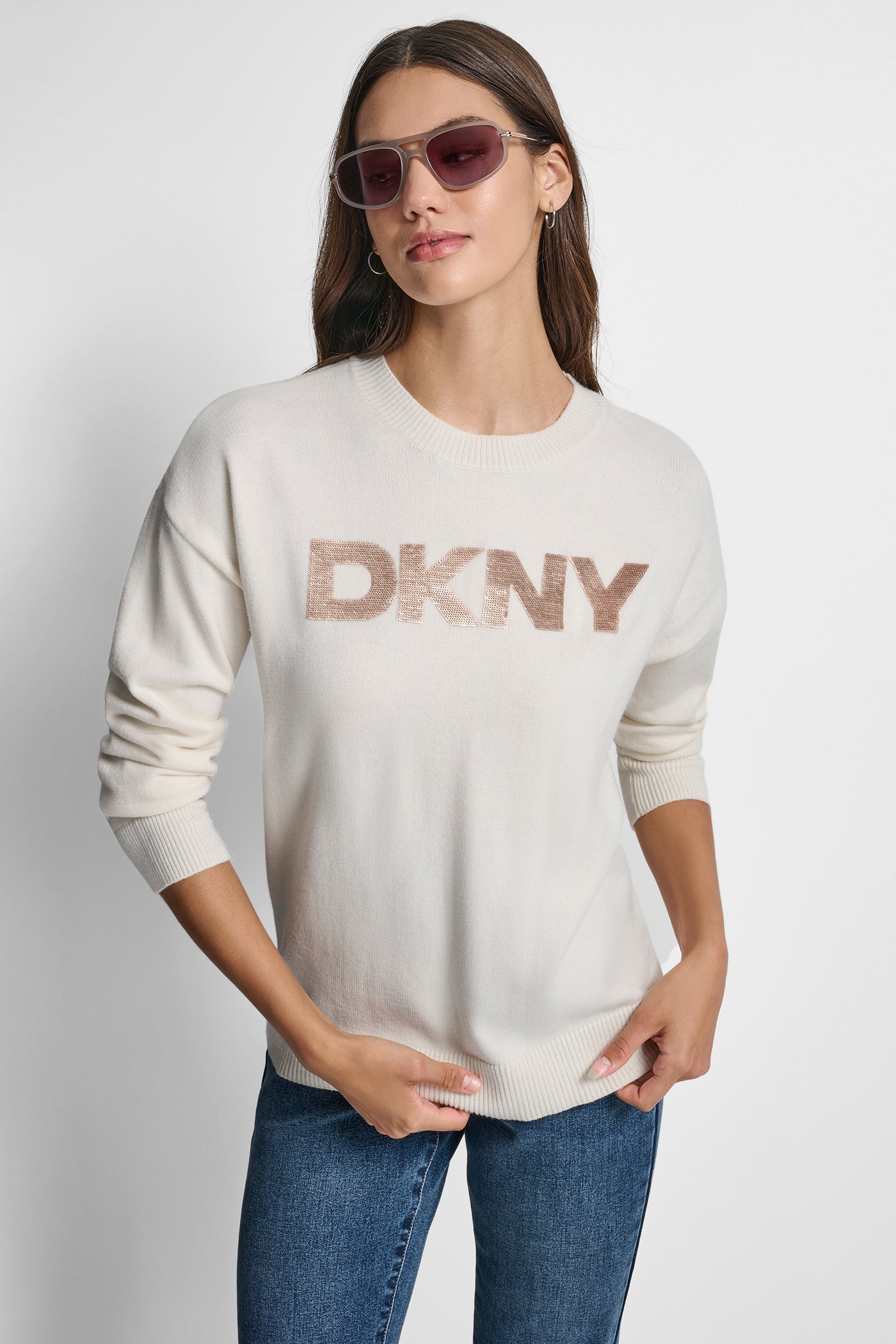 EGGNOG/CHAMPAGNE SEQUIN LOGO EMBELLISHED SWEATER, VIEW 1 | All Products