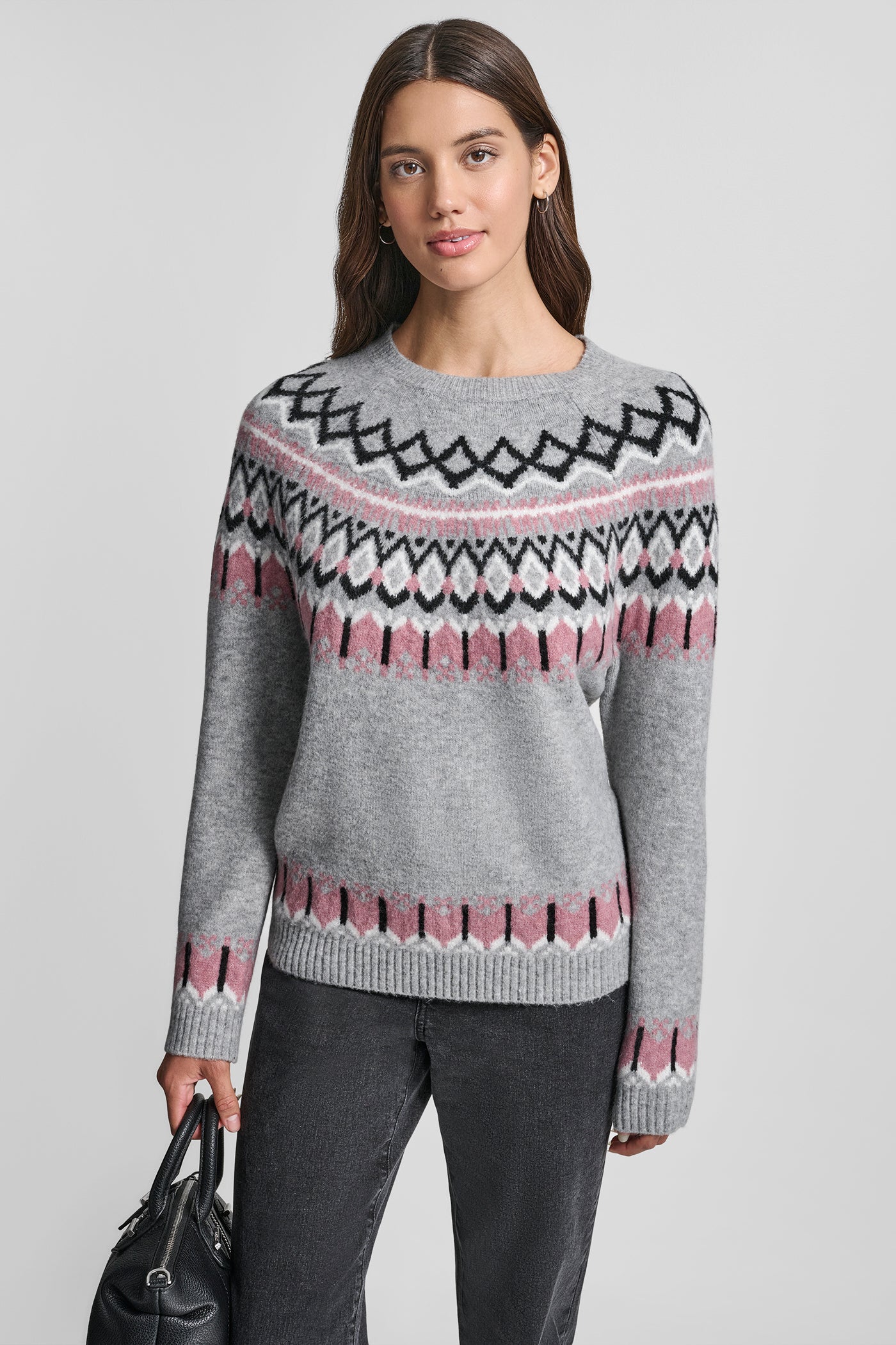 PEARL GREY HEATHER COMBO FAIR ISLE SWEATER, VIEW 1 | New Arrivals