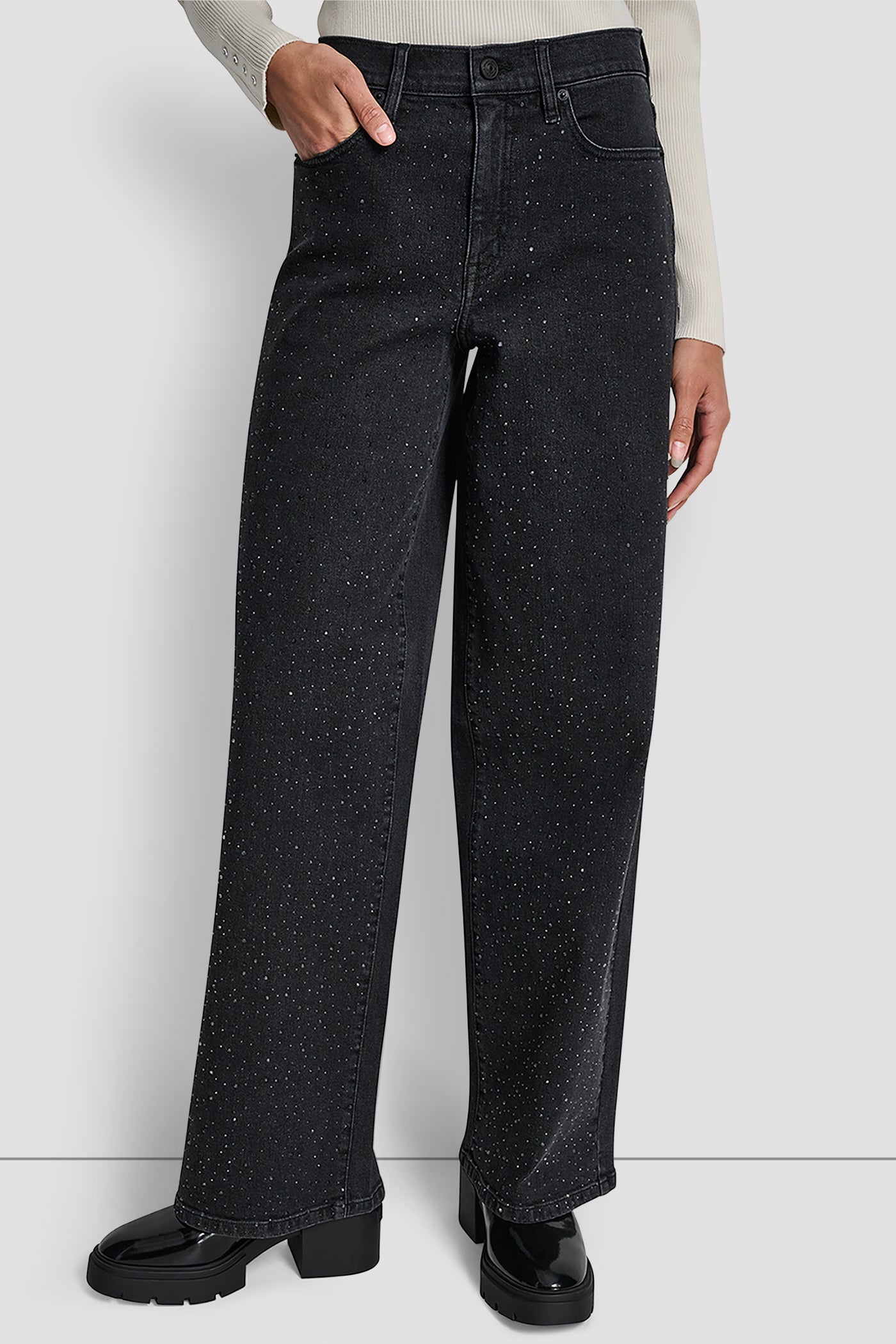 ANCHOR HIGH RISE WIDE LEG WITH RHINESTONE EMBELLISHMENT, FRONT VIEW | Pants & Denim