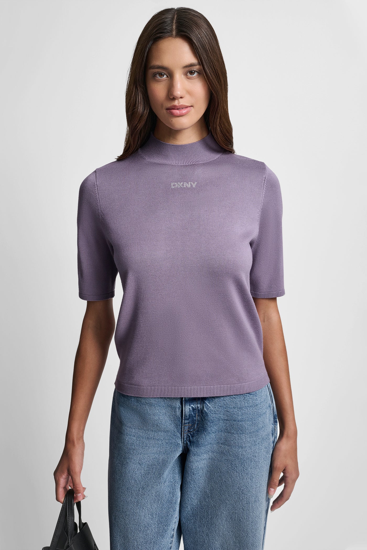 VESPER SHORT SLEEVE HOTFIX LOGO MOCK NECK SWEATER, VIEW 1 | New Arrivals