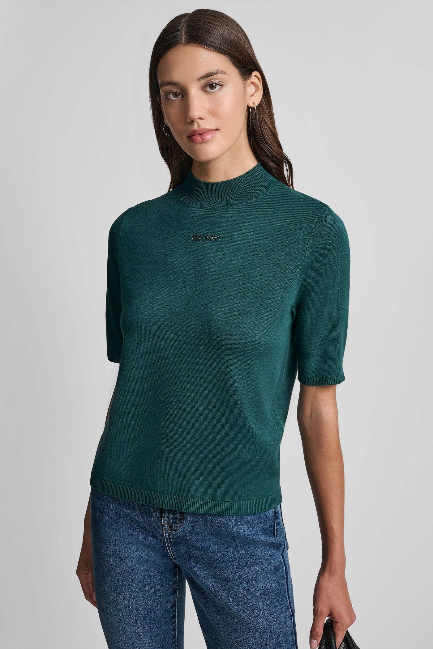 COOL PINE SHORT SLEEVE HOTFIX LOGO MOCK NECK SWEATER, VIEW 1 | New Arrivals