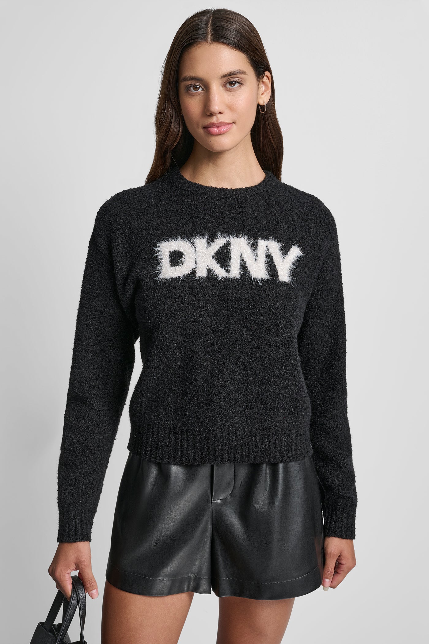 BLACK/GOLD TINSEL LOGO BOUCLE SWEATER, VIEW 1 | Cyber Deals