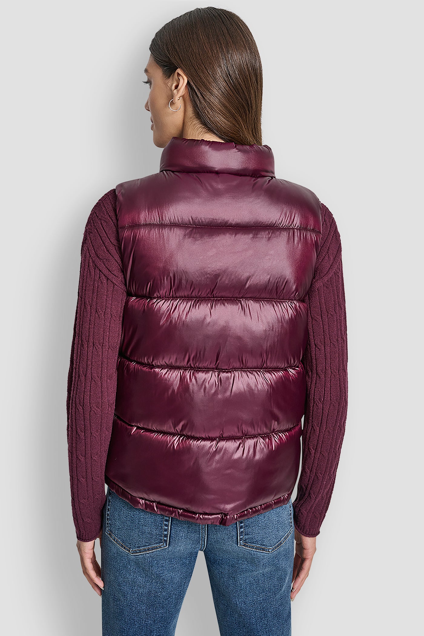METALLIC SYRAH QUILTED MOCK NECK LOGO PUFFER VEST, BACK VIEW | WOMENS COATS & JACKETS