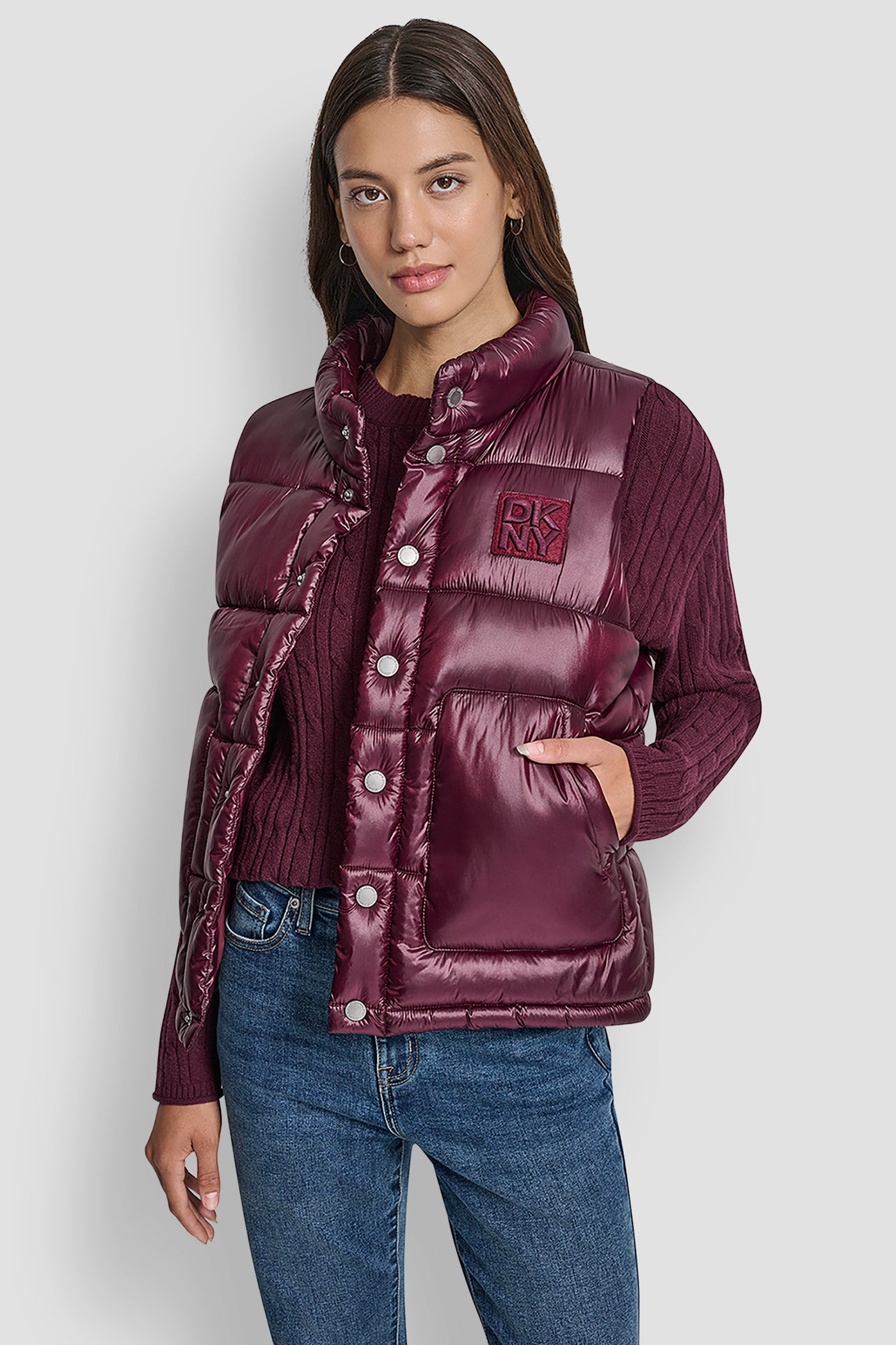 METALLIC SYRAH QUILTED MOCK NECK LOGO PUFFER VEST, FRONT VIEW | WOMENS COATS & JACKETS