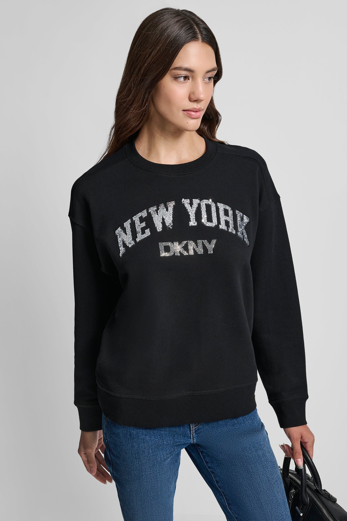 BLACK/SILVER RHINESTONE STUD LOGO CREW NECK SWEATSHIRT, VIEW 1 | Clothing