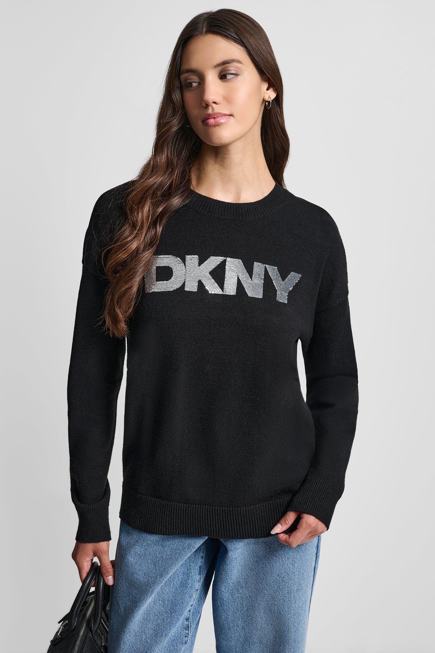 Black/SILVER SEQUIN LOGO EMBELLISHED SWEATER, VIEW 1 | DKNY JEANS